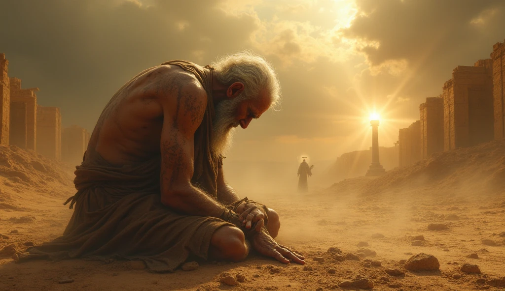 A deeply emotional biblical scene showing Job in a state of mourning and humility. He is depicted on his knees, with his face to the ground, in an arid landscape, his garments torn, and his head shaved as a sign of grief. The surrounding area is barren, reflecting the desolation he feels. Despite the overwhelming loss, Job is shown in a posture of worship, hands spread out as he prays. The sky above is a mix of dark clouds and a small ray of light, symbolizing his unwavering faith in God even in the midst of profound suffering, as described in the story of Job. cabeça raspada e barba branca roupa rasgada e suja de costa para o sol
