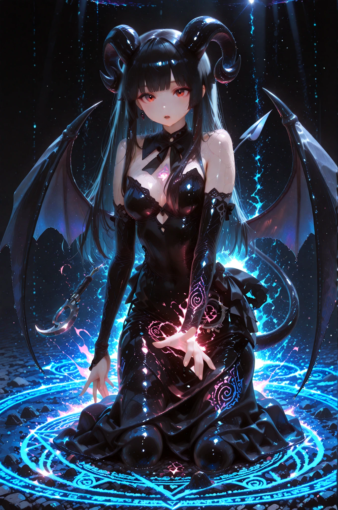 (detailed face and eyes:1.3),(sitting:1.1),
full body,(evil grin:1.2),large breasts,
<lora:circuit_wedding_dress:1>,wearing circuit_wedding_dress,AI_wife,made_of_circuits,inside_church,
<lyco:DemonicT:0.5>,DemonicT,sclera,(horns:1.2),(wings:1.2),colored sclera,demon wings,(demon horns:1.1),slit pupils,
Ultra-detail,(highres:1.1),best quality,(masterpiece:1.3),cinematic lighting,