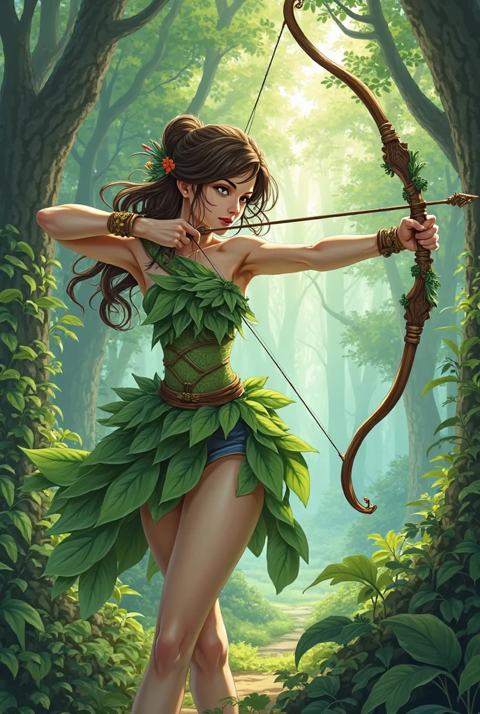 Mila Kunis (age 20) is playing an elf (naturalistic bow, crude natural arrows, fig leaf bikini), she is shooting at goblin shaped targets hanging from trees
