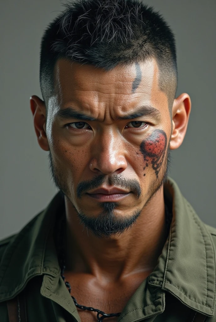 masterpiece, best quality, highres, 1man, on the street, gloomy, (metal steel building:1.1), focus on background, upper body, strong taiwanese man, (large arms tattoo:1.4), gangster, shirt, tank top, holding weapon, (pistol:1.3), A variety of signs on the road in Taiwan, many motorcycles parked on sidewalk, buildings made of corrugated metal, dirty trash,
