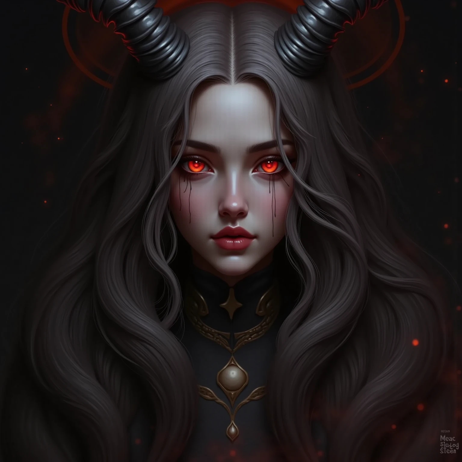 a scary terrifying demon, blood, darkness, red eyes, horns, devil, hell