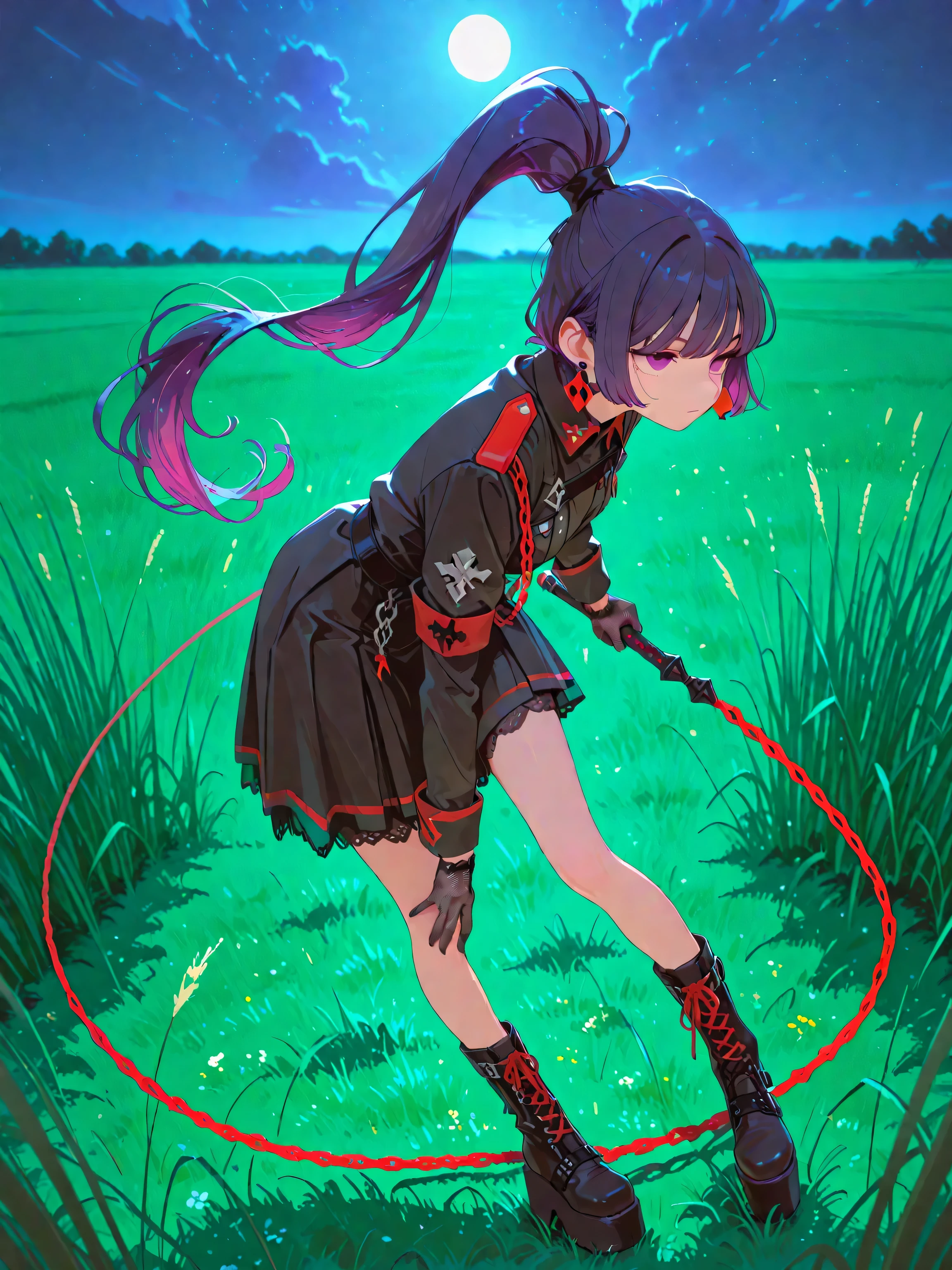 masterpiece, best quality, fullbody, 1girl, deep indigo ponytail, red chain earrings, stern expression, black military uniform with gothic elements, red chain whip, eye-level, lace gloves, emotionless, platform boots, dynamic poses. Tall grass, field , moonlight.