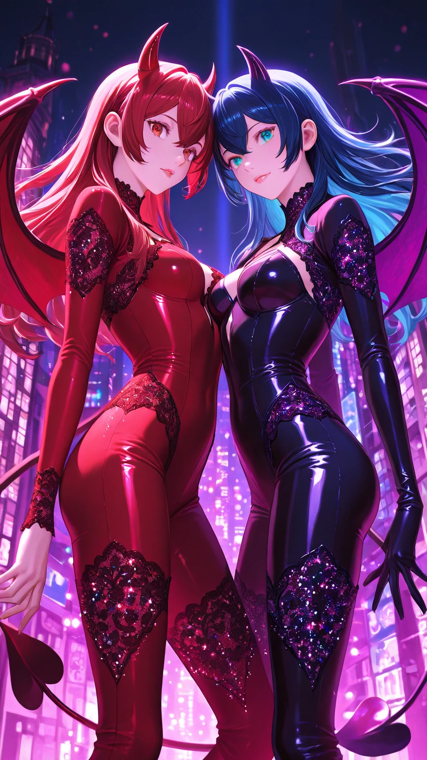 nsfw, (((2girls))), (((goddess))), ((corruption magical girl)), (textile shading latex suit with many frills), (demon wing), (beautiful detailed eyes), (fullbody), light smile, in heat, imperial palace bed, (pastel color hair), gold accessory, (jewel), (crotch tattoo), ((extremely detailed CG, absurdres, official illustration)), (raytracing, HDR, global illumination), masterpiece, best quality, highest quality, subtle ambient glow, global illumination, ultimate quallity, <lora:flat2:-0.5>, <lora:hairdetailer:0.4>, <lora:deluster1:-0.5>, <lora:Silicon-landscape-isolation:0.6:NF>