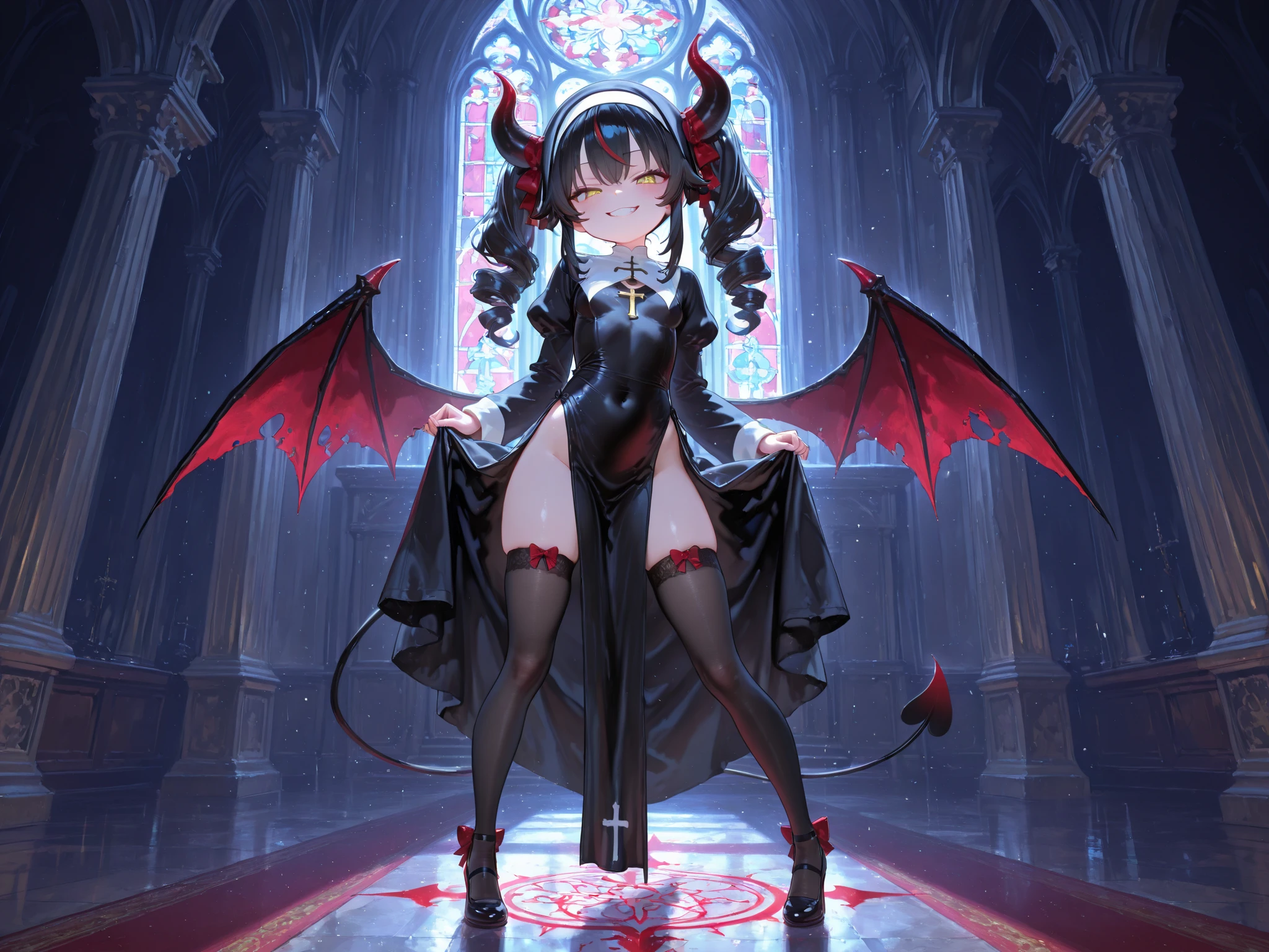 Dynamic shot, dynamic angle(multiple characters), ((3 females)), A picture of 2 beautiful succubus dominating sexy nun on a leash, in sexy nuns crowd, ((2 demon females long hair and a nun short hair)), (nun, squatting, legs spread, chain tied, chained , exposed, scared, obedient, insecure, burning halo, demon wings, wings spread, demon tail), (2 beautiful female demons around, dominating, standing above, holding halo, power pose, fingering, hand in panties), demons, beautiful succubuses, horror, dark, sexy, rough domination, domination, bdsm, golden chains,(golden leash), collar, beautiful bodies, slim, highly detailed faces, horns, horny, scared, stockings, (white silk lingerie underwear, white stockings, white gloves), leather tight boots, looking up, closeup, blue light, blue tones, highres, sharp focus,(ultra detailed,extremely detailed),(photorealistic artwork:1.37),(extremely detailed CG unity 8k wallpaper),(intricate),(masterpiece),(best quality),(intricate background),photo realistic,analog style,((intricate detail)),(((realism))),