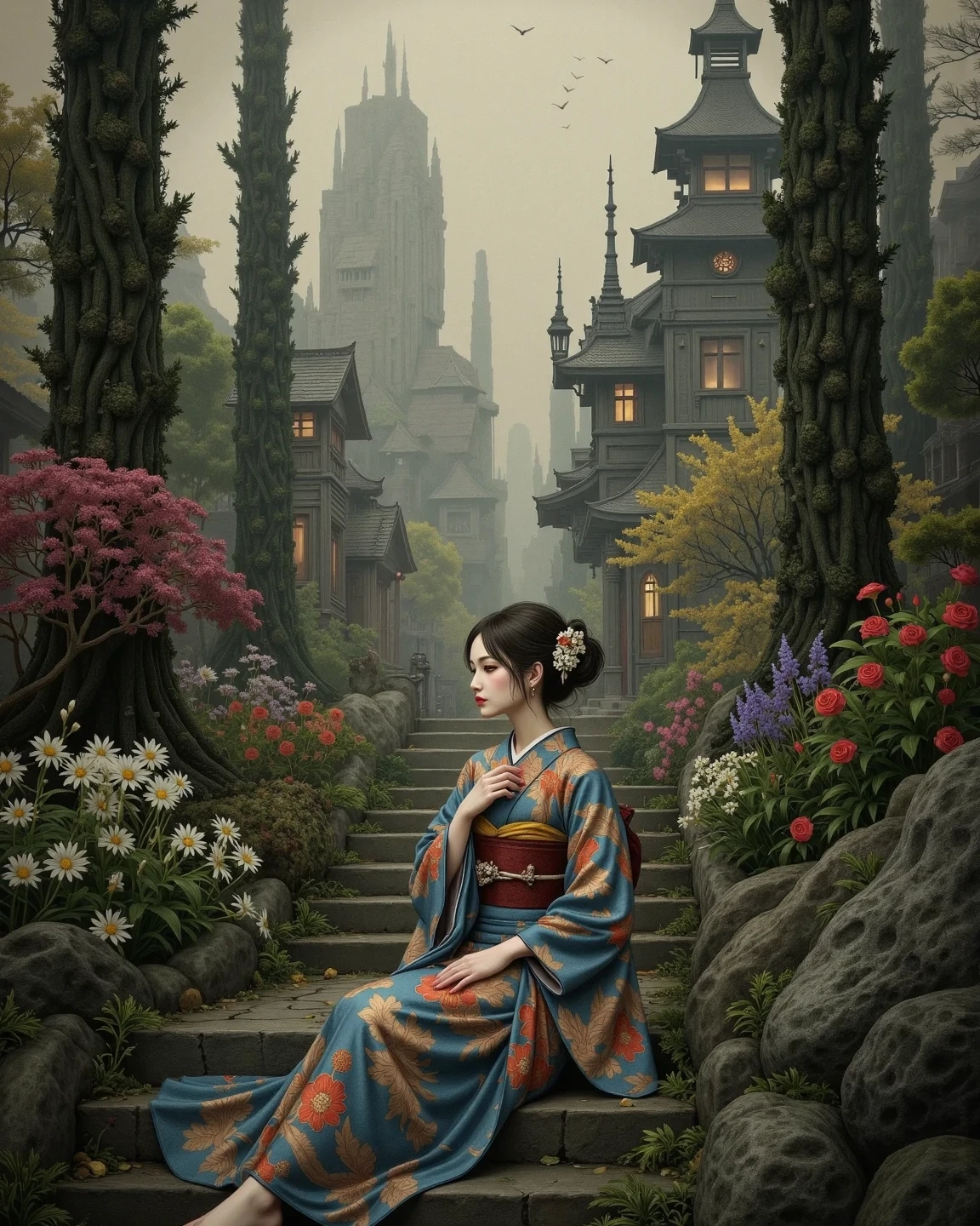 Woman in kimono sitting against a backdrop of gothic buildings and misty nature。