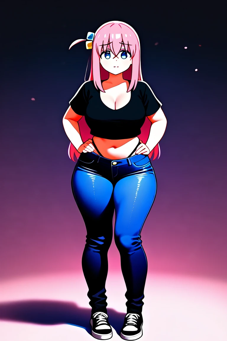 masterpiece, best quality, 1girl, futanari, Ray tracing, hdr, volumetric lighting,
Standing with arms raised to the sides palms up,
Pink and pastel purple ombre hair, Braided Ponytail, playful Carmine eyes, golden hoop earrings, choker,
athletic, flat chest, narrow shoulders, narrow waist, wide hips, covered nipples, bulge, Rock Concert: Ripped jeans, band tee, leather jacket, and boots, <lora:KTF_10:1>