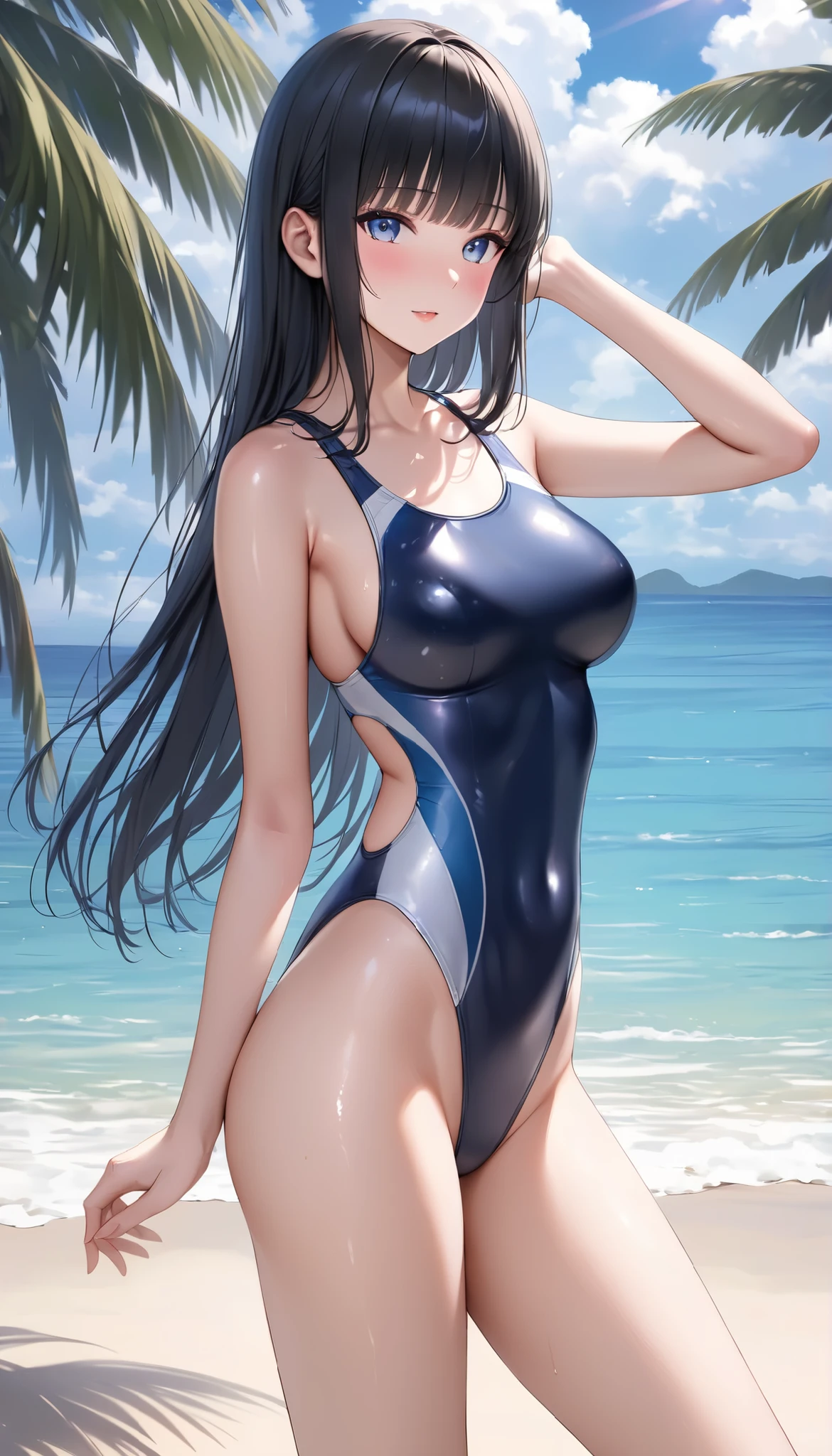 ((masterpiece,best quality,ultra detailed,high resolution)),(daytime,clear weather,bloom),looking viewer,((solo,beautiful girl)),(black hair),(beautiful detailed face,beautiful detailed eyes),(finely detailed skin,fair skin),slender,light smile,shy,(one-piece competition swimsuit,navy swimsuit),(on the lake,beautiful sky),(mefium breast,perky breast,medium hip),beautiful hip,from above,