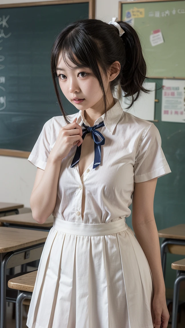 ((One Girl:1.4)),(masterpiece, Highest quality), ((Looking into the camera)),(((Long Hair))),(((I can see your chest))),(Nipples are visible), Asuka Langley, whole body、I can see your thighs、(((Brown Hair))),classroom、stand、セクシーなポーズ
blue dress, mini skirt、dress, neck ribbon, pinafore dress, ((red ribbon)),ribbon, White shirt,Short sleeve, Short sleeve,(アスカ・Langleyの髪型:1.8),black eye,