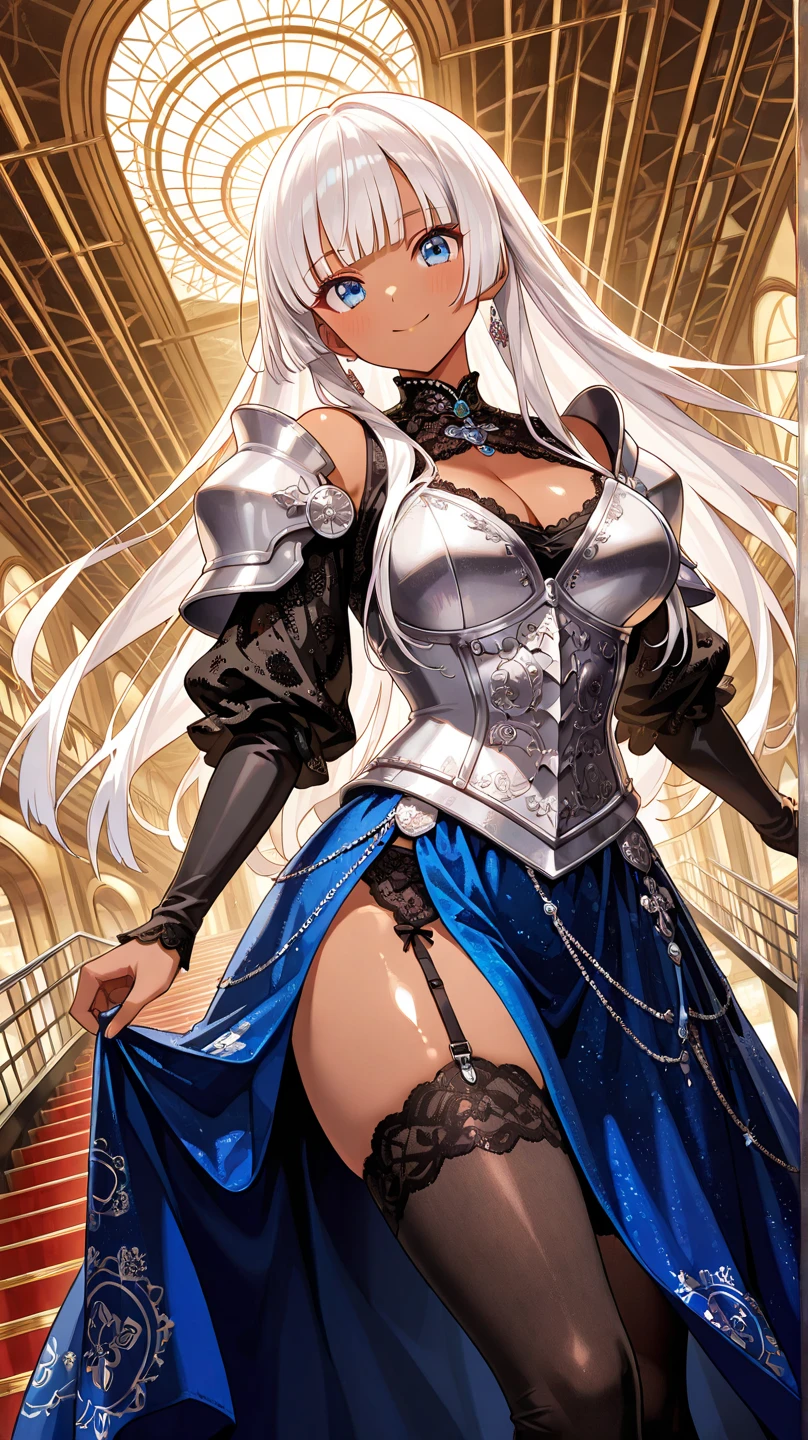 masterpiece, best quality, Mature women,, gray hair, Long Hair Flying,fantasy, middle Ages, On the war zone, dynamic poses, Beautiful and detailed light,black corset,White miniskirt,Lace exposed,Golden eyes,There are blue sword lights all around,silence