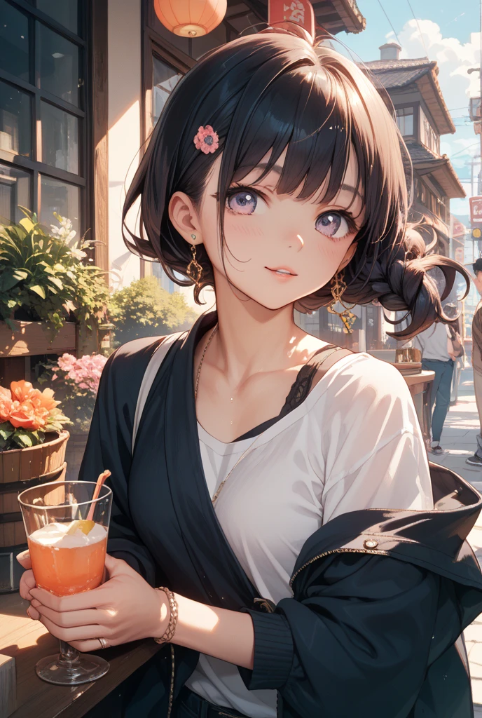 watercolor paiting(Beautifully Aesthetic:1.2)、(1girl in:1.3)、(colourful hair、Half black and half orange:1.2)、Eau、liquids、natta、colourfull、Beautiful sunset、Fantastic twilight、Large ginkgo tree、Many ginkgo leaves are waiting