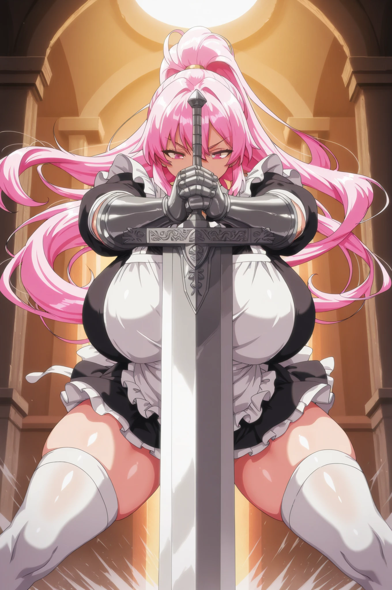 SeaArt Bot Txt2Img Default 11:36:14
masterpiece, Highest quality,1girl,solo、large breasts,official、female knight、(((White Disciplinary Committee Chairperson、Noein)))、Ahoge、Pink Hair、Very long hair、Wearing white military uniform、An adult woman holding a thin long sword、Epaulettes、Purple Skirt、Blue Eye、RAW Color,Clear images、dark color、tall、((Black Stockings:1.1))、(armor_highheel),whole body、Purple leg armor、Narrow eyes、Fighting monsters、(Dark Dungeon、Dark Prison) 、(Leg spread、squat、White panties:1.1)