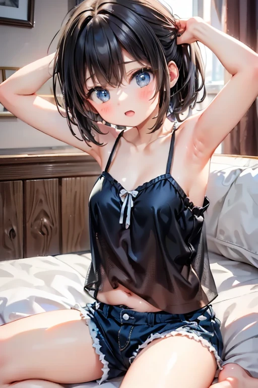 highest quality、Realistic、female、、zoom、Orange Eyes、Very short black hair、Small flat chest、Light blue camisole lingerie、Sunburn、、Dark Skin、Bedroom、