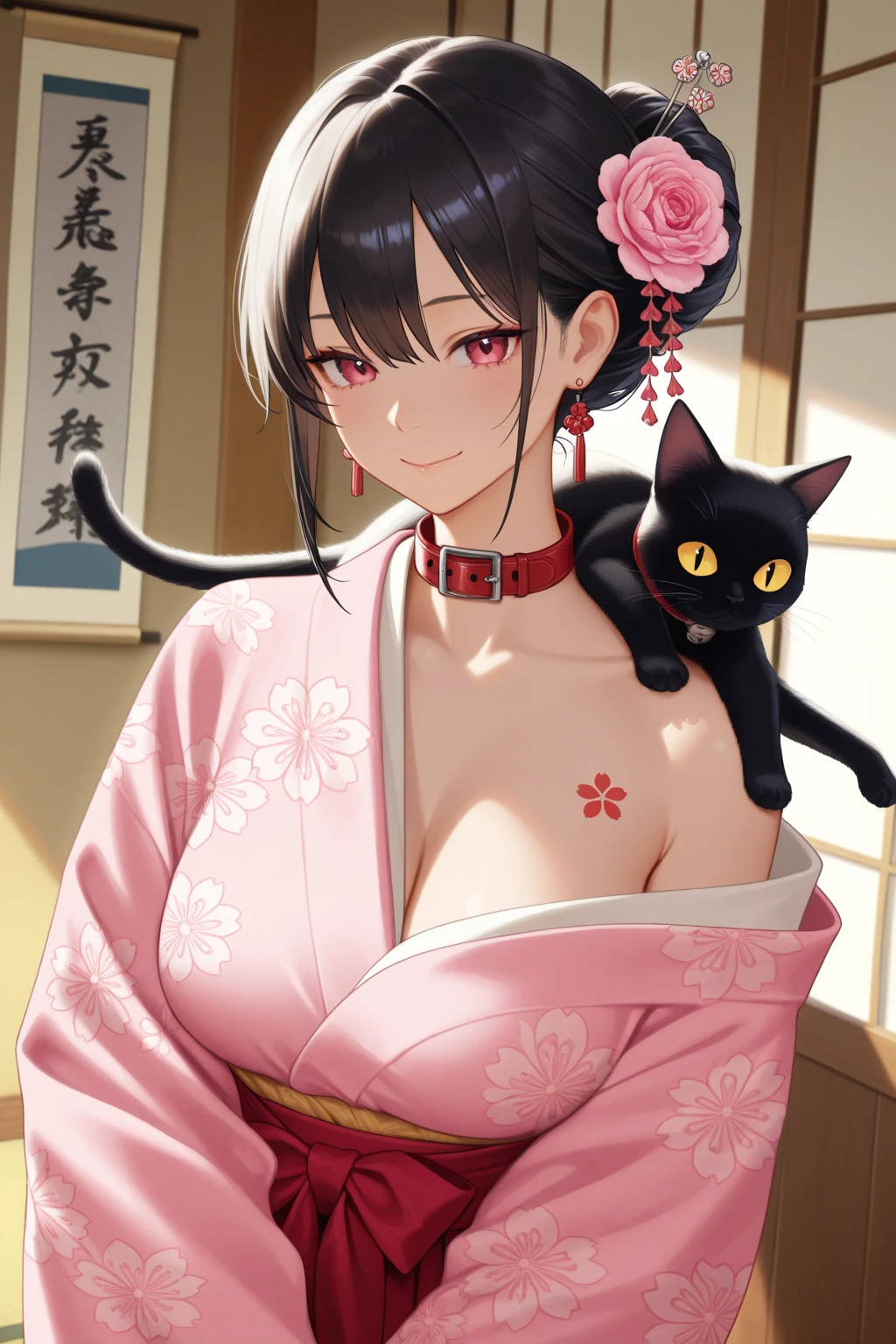 (((masterpiece, best quality))), (((superior quality))), cute girl, ((extremely detailed girl)), ((huge breasts)), yukata, bare shoulders, strapless top, random expression