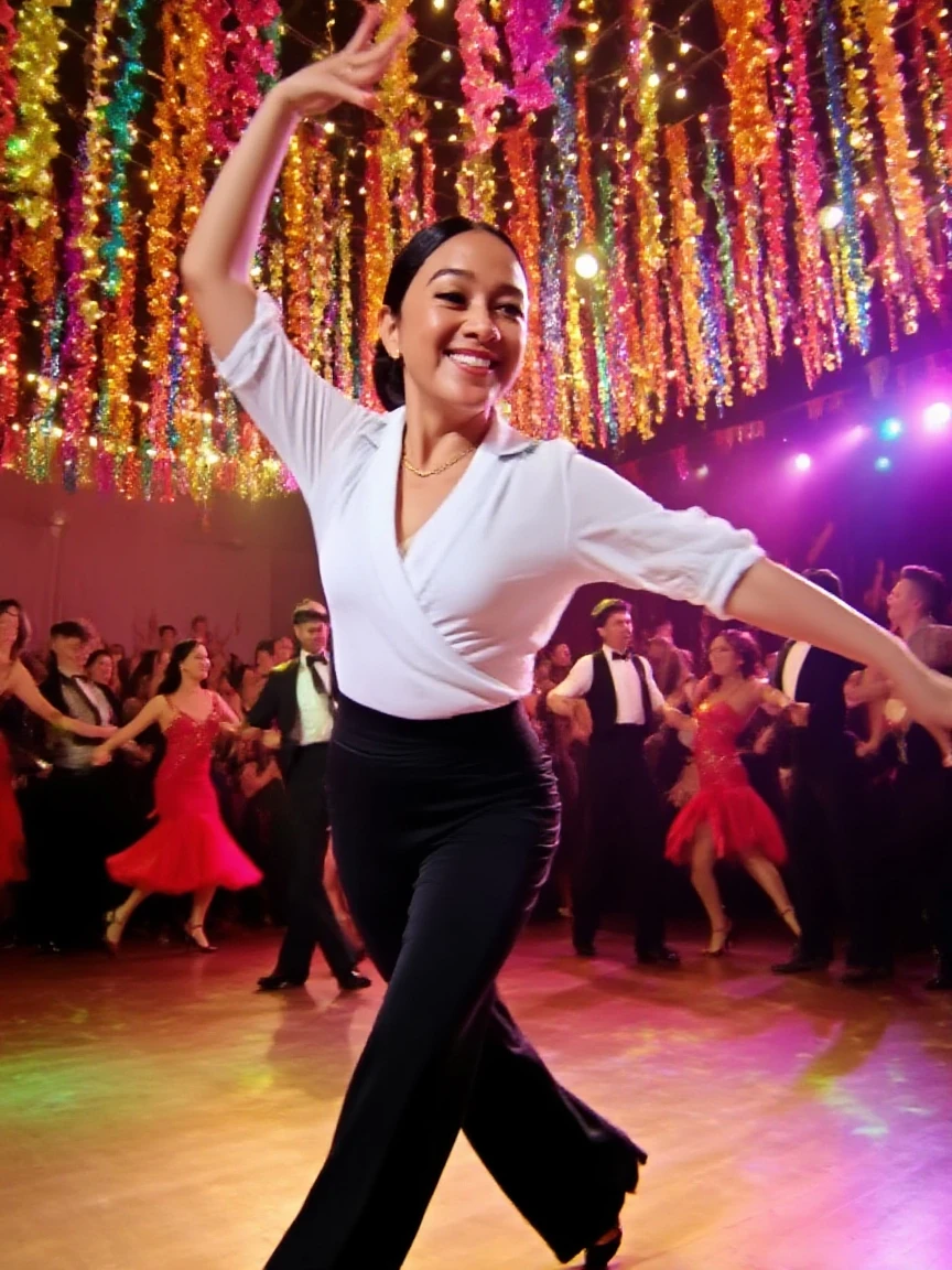 (medium full shot) of (passionate rumba dancer) young woman, japanese, tan skin, light brown eyes, full-figured build, short red french braid hair, wearing a deep purple ruffled rumba dress, strappy sandals, smoky eye makeup, sash, set in a vibrant dance floor, with colorful lights, energetic music, and a lively crowd, under the moonlight, woman smiling, Masterpiece,best quality, photo, realistic, very aesthetic, detailed face,