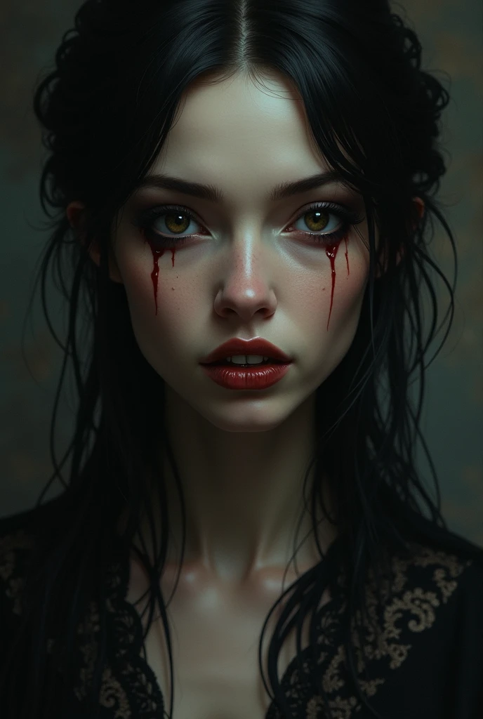 Hyperreal art (mkdrgs style), traditional painting hyperrealistic, a beautiful woman with a saddened expression, there is a darkness deep within, her tears flow like blood from an open wound, pale goth, regardless of the sorrow she evokes serenity, dark makeup, detailed skin with visible pores, 8k, hdr, masterpiece, award winning art, amazing lighting, (Victoria Frances style)