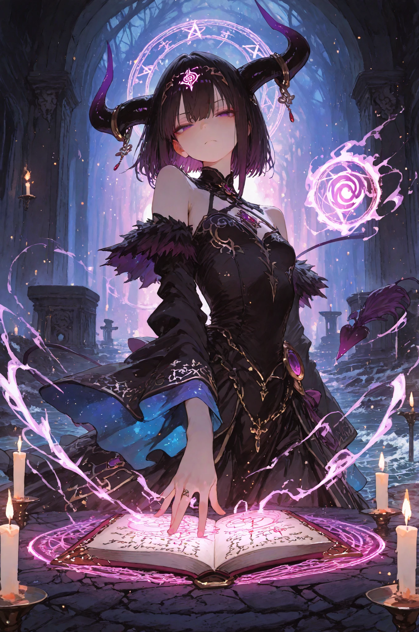 (best quality,4K,Very detailed,Practical:1.2),Mysterious astrologer girl,Pale skin,Long black hair fluttering in the wind,Shiny glasses lenses, A glowing sphere floating,Emerald eyes,Sharp eyes,The strange tattoo on her arm,Crystal Ball,Skull and five-pointed star decoration,Tarot,Mysterious symbols,Dramatic Lighting,Gothic,Black lace dress,Gorgeous jewelry,Feather hair accessories, Dark and scary atmosphere,