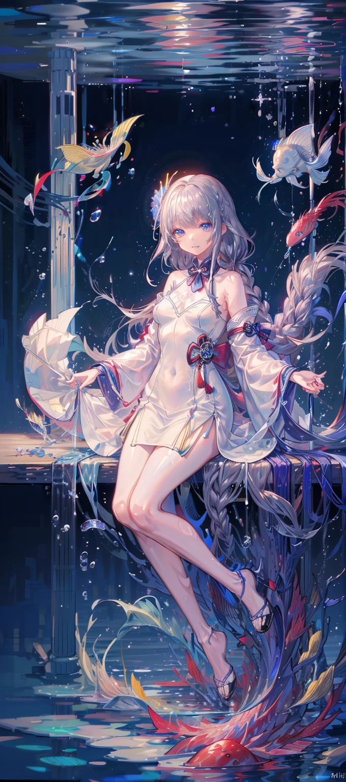 Masterpiece, Superb Night, Outdoor, Rainy Day, Lakeside, Branches, Chinese Style, 1 Female, Mature Girl, Royal Sister, Positive Sister, Silver and White Long-Haired Girl, Gray and Blue Eyes, Light Pink Lips, Cold, Serious, Effeminate, Bangs, Assassin, Short Knife, Bloodstain, Blood, Wound, Rain, Raindrops, Delicate Face, Delicate Face,