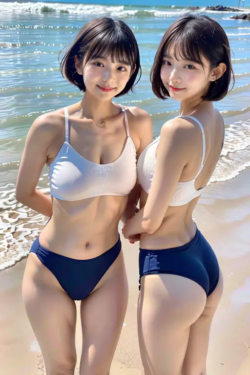(in 8K, maximum quality, A masterpice:1.2),(Hair_style) ，(Realstic, pfotorealistic:1.37), maximum quality, A masterpice, In the summer sunshine、Shot on the wooden deck with a view of the sky and sea、［mediur breasts］、［little chest］、Two models with a similar atmosphere、Same location、Backlight、Camera angles from the waist up、Angle from behind、Pose with hands raking up hair、Shot in natural light from morning to noon、Hairstyles and fashion styles that match the trends of the Japan of 2023、Realstic、Lifelike、Super Detail、Beautiful facial features、30s、Actress、Half Japan and Russian model、Elaborate CG、slender、kawaii、mature、Hairstyle is a short bob cut that matches the fashion of the Japan in 2023 and flutters in the wind、Delicate skin type、Fine details and softness of hair、The model's hair color is slightly bright and soft.、Glossy makeup、Fashion style is skimpy swimwear according to summer trends of 2023、You can see the pubic streaks clearly.