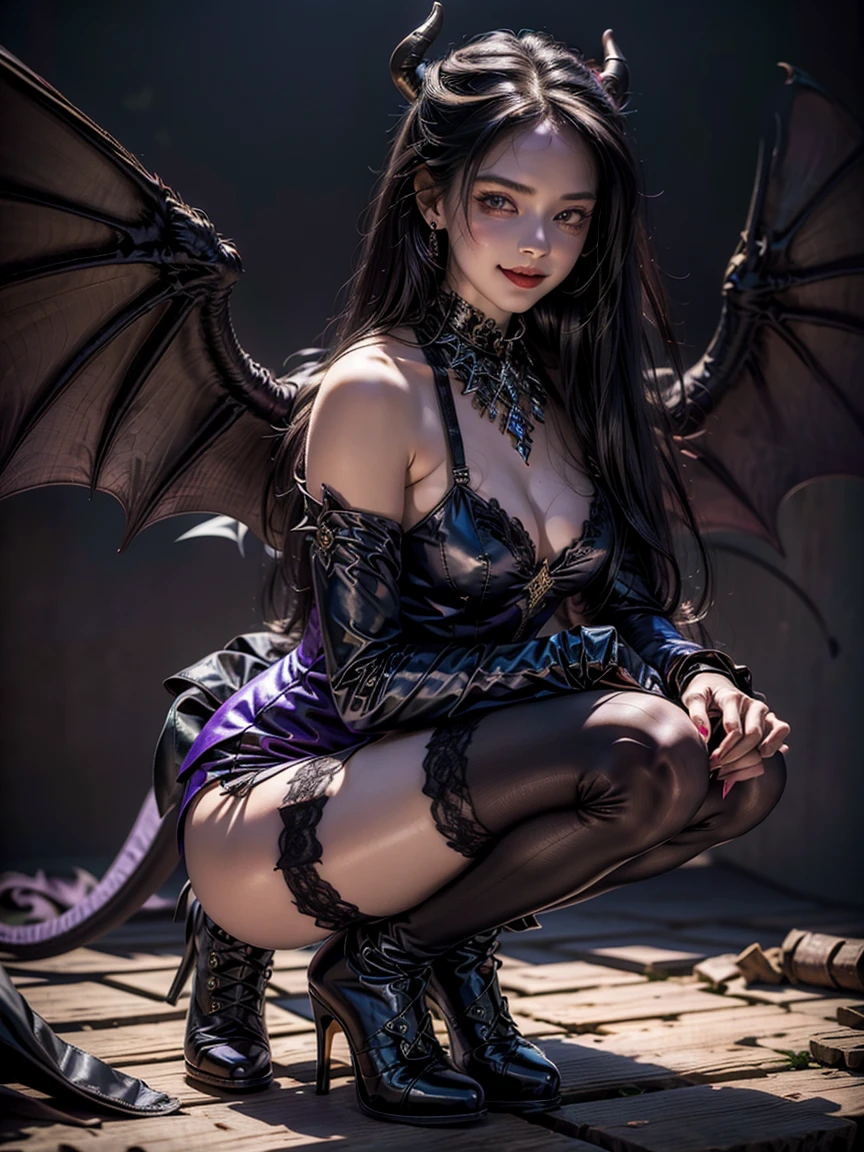 (dark night,Bedrooms:1. Mature female purple-black hair,A pair of dragon horns.,A PAIR OF HUGE DRAGON WINGS,flirtatious,kneeling pose), Masterpiece, The best quality, RAW Photographer, being realistic, Incredibly ridiculous beef,, earrings, (Long loose purple hair),eye shadows,bracelet,head chain,(A wide variety of complex jewelry.),ear drop,foot ring,Lolita dress black long dress,(stockings with black suspenders+),high heels,Depth of fields, A high resolution, ultra-detailed, watermark, RAWE is very detailed, very detailed eyes and faces, sharp pupils, realistic student, sharp focus, cinematic lighting,full bodyesbian,big tits,long legs,FROM THE FRONT,banquet,dynamic poses,Normal posture,closeup of face