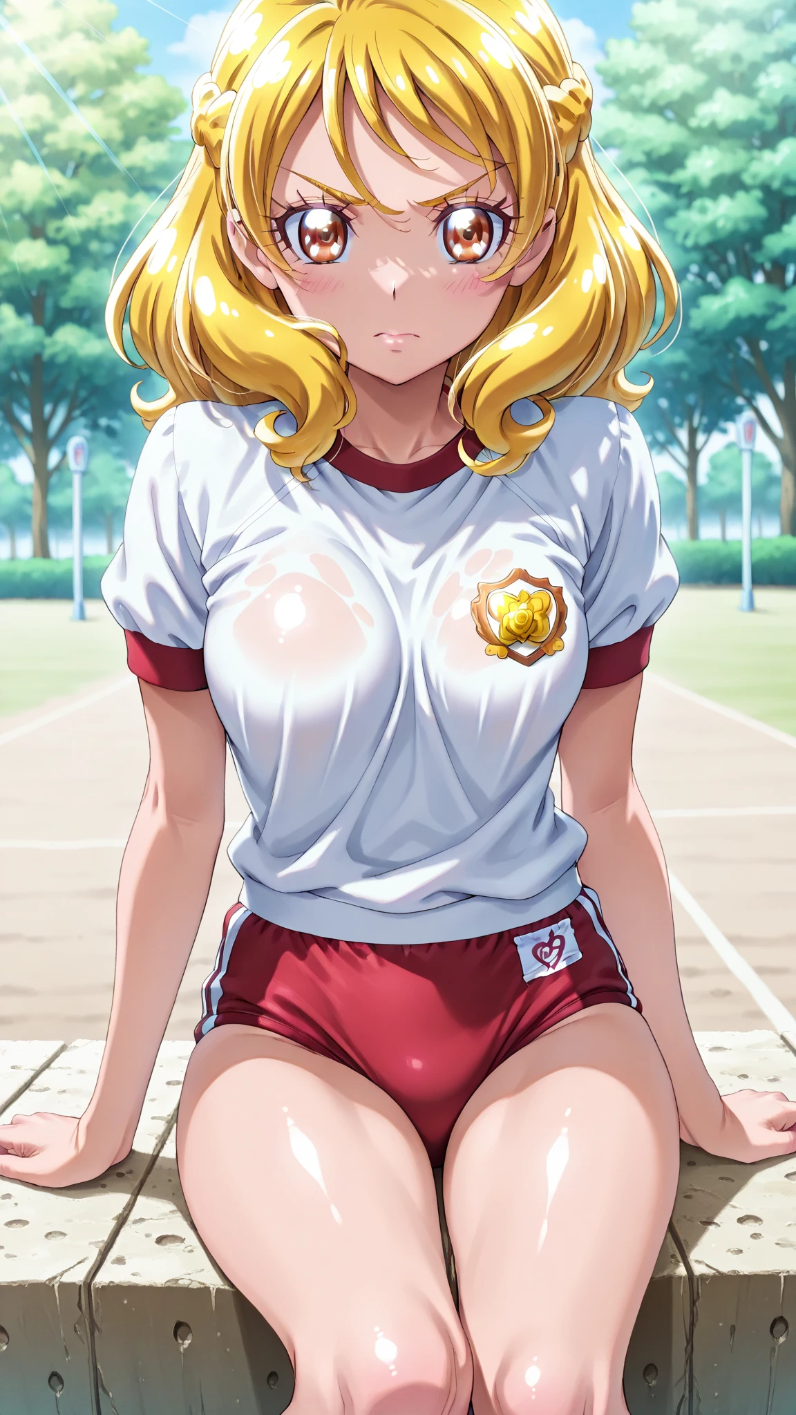 Masterpiece, best quality, very detailed, Ultra high resolution, (photorealistic:1.4), raw photos, (realistic:0.2), 1 girl, alone, long hair,,8k hdr, 1 girl,Blonde hair,  medium-large breast, bright eyes, , medium-small breasts,Wear a football shirt, Ball Field