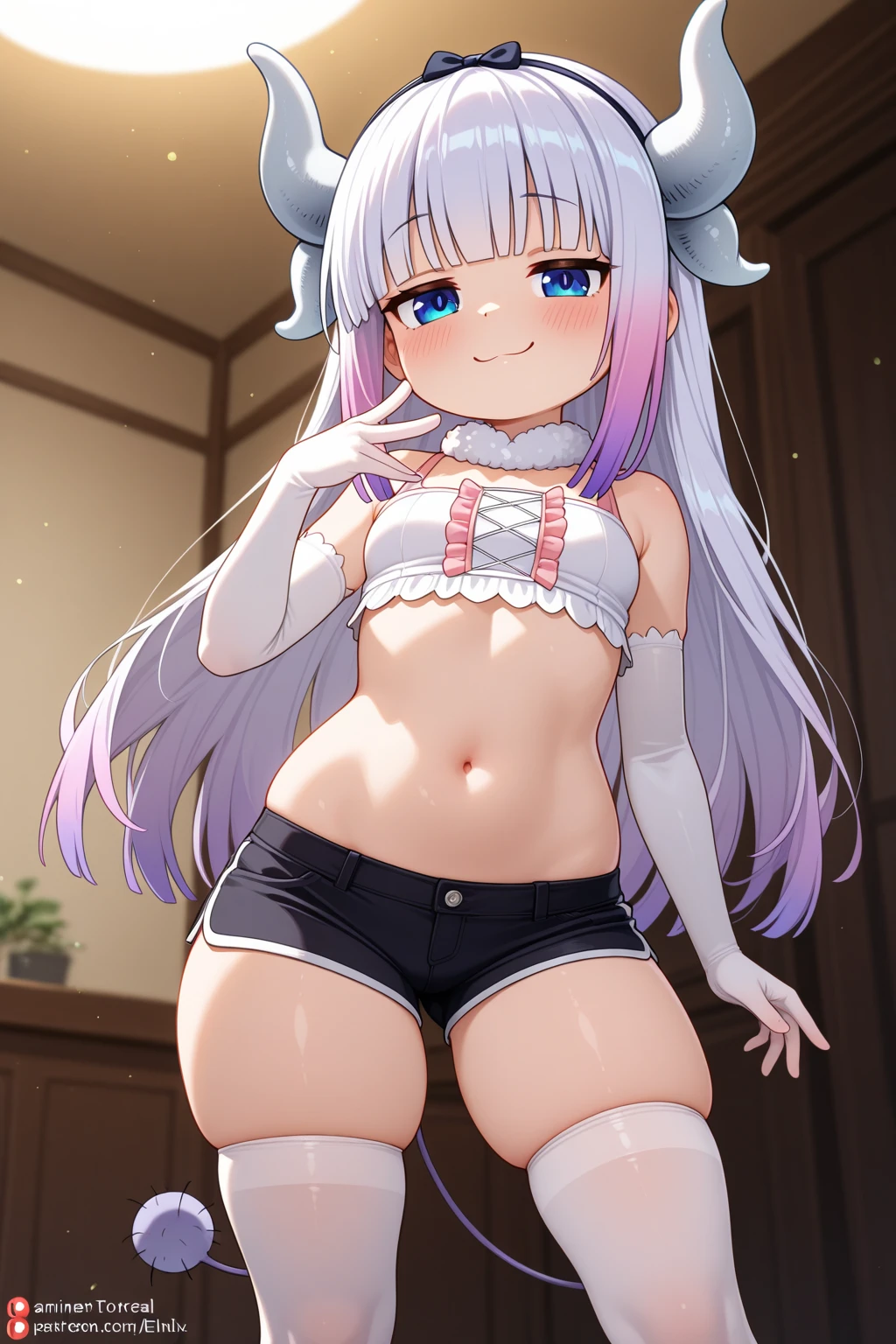 <lora:nana:1>, best quality, masterpiece, ultra_detailed, illustration, high quality, indoors, school, hallway, window, 1girl, shirt, hat, ribbon, blue hair, pink hair, multicolored hair,  jacket, white shirt, wings, shorts, virtual youtuber, halo, midriff, unbuttoned shorts, multicolored eyes, key earrings,