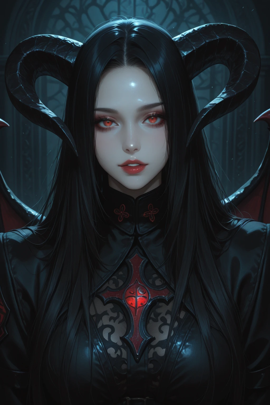 Mordana, low dim lighting, dark chamber, smirk, blood on her face, cultist markings,