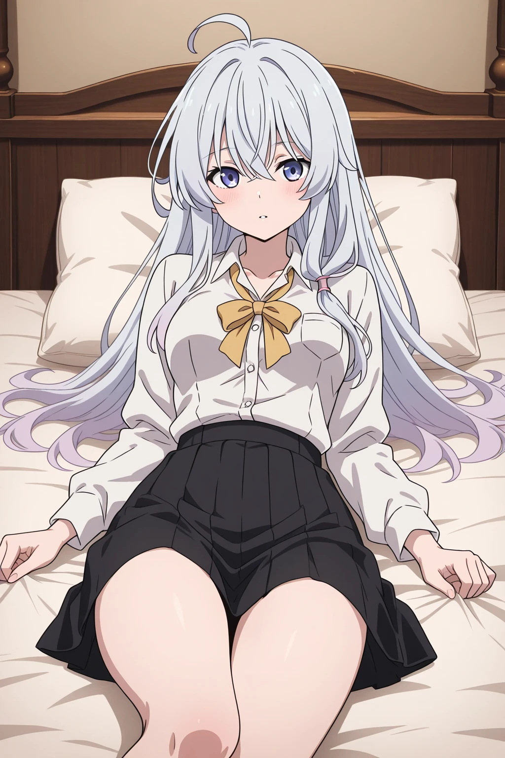 score_9, score_8_up, score_7_up, source_anime,
kanadetachibana, <lora:kanade-tachibana-s1-ponyxl-lora-nochekaiser:1>,
kanade tachibana, long hair, white hair, yellow eyes,
skirt, school uniform, jacket, blazer, skirt, black skirt, pleated skirt, long sleeves,
indoors, bed, bed room, on side, blush, drunk,
looking at viewer, solo, cowboy shot, dutch angle,