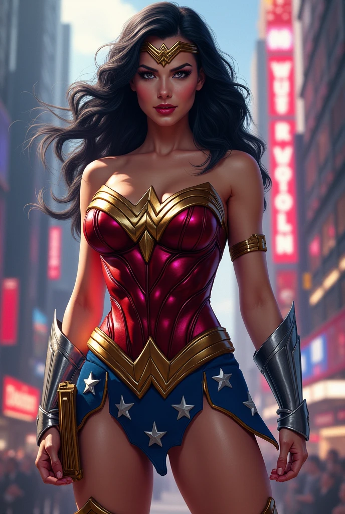 Drawing sketch ,best quality,ultra-detailed,vivid colors,studio lighting,extremely detailed eyes and face,beautiful detailed lips,longeyelashes,superhero,wonder woman costume,strong and confident pose,action scene,cityscape background,comic book art style,colorful palette,dynamic lighting and shadows