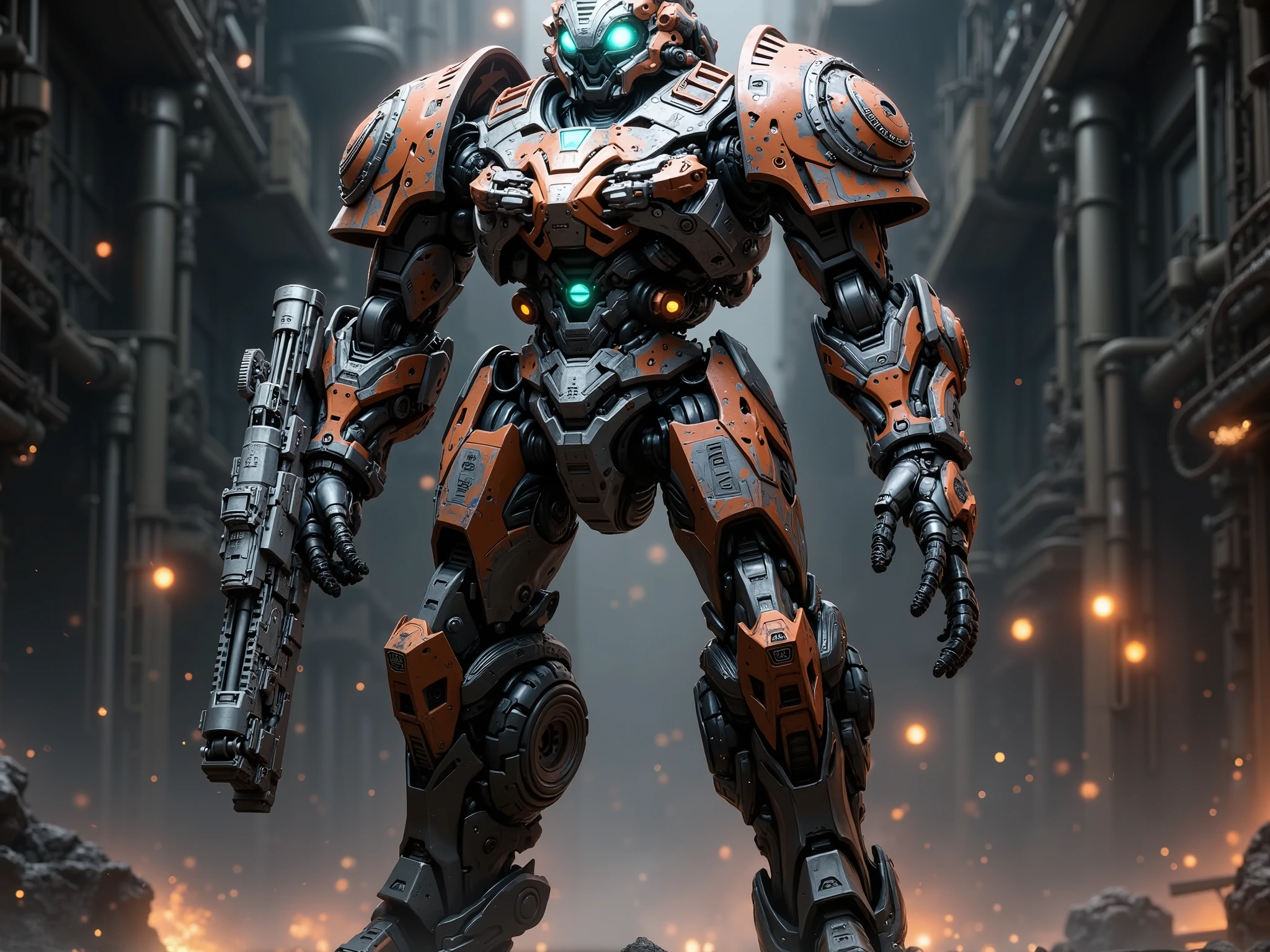 Character design prompt: A colossal dreadnought-class mech warrior built for cyber hard sci-fi warfare, grimdark-inspired. The mech stands tall and imposing, plated in modular scorched steel armor with exposed mechanical joints, reinforced hydraulic limbs, and glowing superconductive coils lining its spinal column and arms. Twin integrated gauss coilguns are mounted on both arms, barrel housing engraved with ancient Mechanicum runes, glowing faint cyan with volatile energy pulses.
Its helmeted head is angular, crowned by a levitating Mechanicum-style iron halo laced with floating sensor nodes and cybernetic tendrils. Chest armor features a split-core reactor with neon data veins pulsing through layered plates, cold light flashing like a synthetic heartbeat. Shoulders are bulky, reinforced with magnetic stabilizers and etched circuitry veins crawling outward like veins of molten data.
Color palette: burnt steel, oily gunmetal, glowing cyan, deep crimson highlights. Texture mix of matte composite, scorched carbon plating, and raw industrial steel.
Pose: stoic, semi-forward leaning like a dormant titan ready to engage. Environment suggestion (optional): dark industrial bay, ambient smoke, sparks, backlit by flickering arc lamps.
Design focus: balance between mechanical brutality and sacred cybernetic elegance. Runes, cables, mechanical scars, and micro-detailing on armor segments.
Ultra-detailed, hyper-realistic character concept, cinematic lighting, photoreal texturing. Full-body design with clear silhouette.