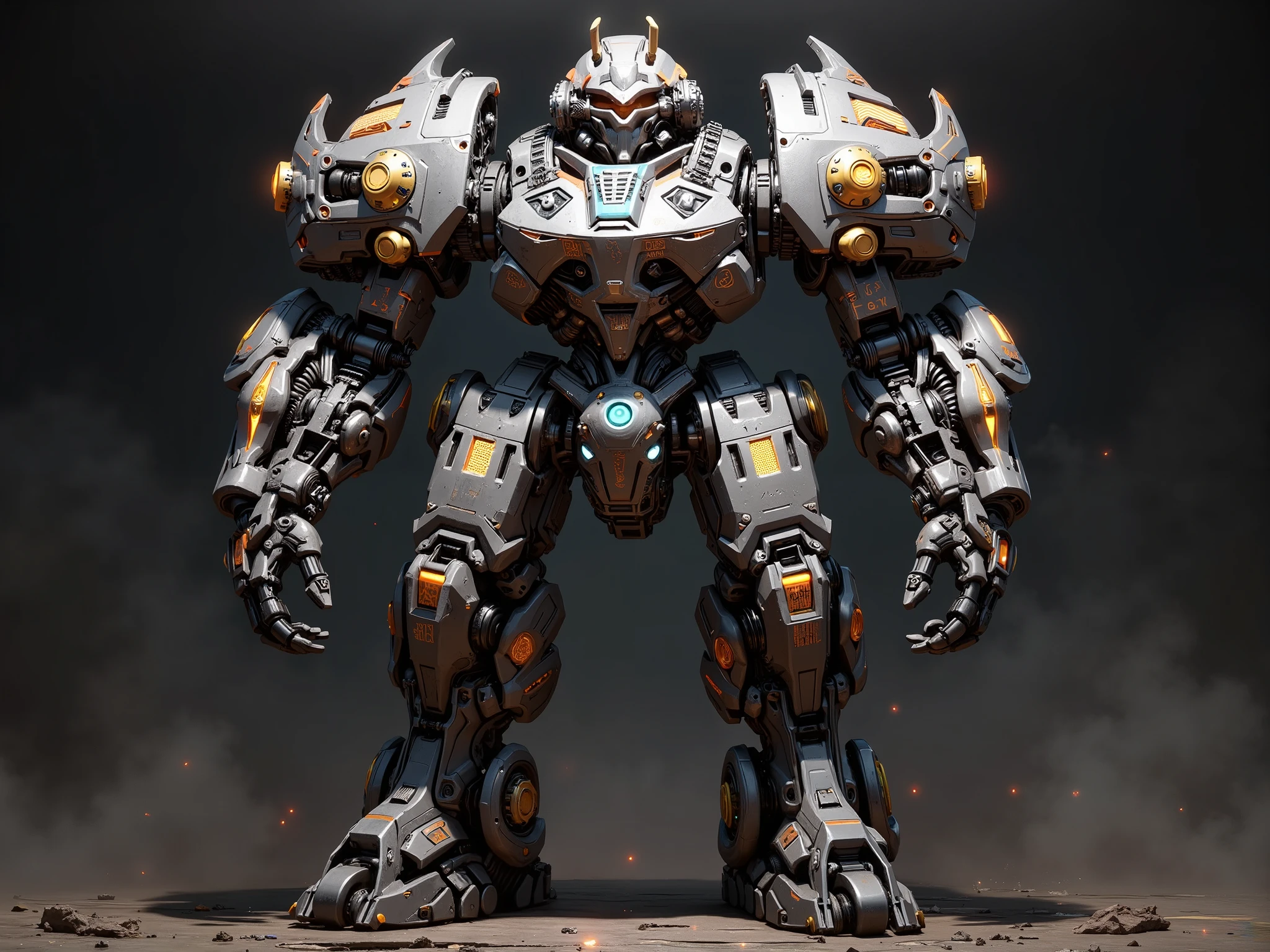 Character design prompt: A colossal dreadnought-class mech warrior built for cyber hard sci-fi warfare, grimdark-inspired. The mech stands tall and imposing, plated in modular scorched steel armor with exposed mechanical joints, reinforced hydraulic limbs, and glowing superconductive coils lining its spinal column and arms. Twin integrated gauss coilguns are mounted on both arms, barrel housing engraved with ancient Mechanicum runes, glowing faint cyan with volatile energy pulses.
Its helmeted head is angular, crowned by a levitating Mechanicum-style iron halo laced with floating sensor nodes and cybernetic tendrils. Chest armor features a split-core reactor with neon data veins pulsing through layered plates, cold light flashing like a synthetic heartbeat. Shoulders are bulky, reinforced with magnetic stabilizers and etched circuitry veins crawling outward like veins of molten data.
Color palette: burnt steel, oily gunmetal, glowing cyan, deep crimson highlights. Texture mix of matte composite, scorched carbon plating, and raw industrial steel.
Pose: stoic, semi-forward leaning like a dormant titan ready to engage. Environment suggestion (optional): dark industrial bay, ambient smoke, sparks, backlit by flickering arc lamps.
Design focus: balance between mechanical brutality and sacred cybernetic elegance. Runes, cables, mechanical scars, and micro-detailing on armor segments.
Ultra-detailed, hyper-realistic character concept, cinematic lighting, photoreal texturing. Full-body design with clear silhouette.