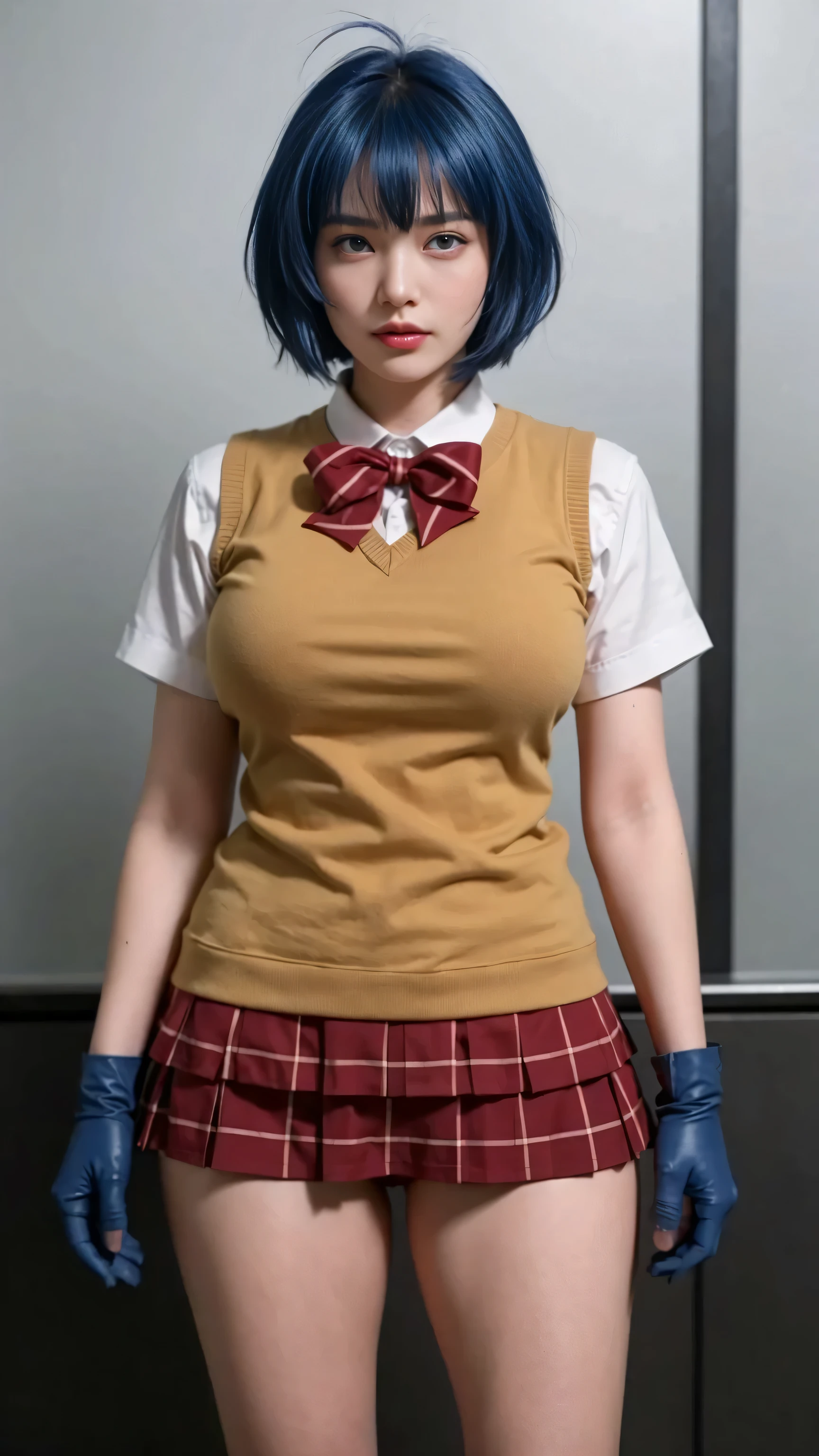 Masterpiece, 8K, Best Quality, Intricate Details, Ultra Details, Ultra High Resolution, HDR, Ultra Details, Best Quality, High Quality, 1 Girl, Japanese Girl, Cute, Beautiful, Charming, (Big Breasts), 19 Years Old, Sexy Body, Big Hips, glossy red lips, blue eyes, blue eyeballs, natural blue hair, Ahoge, slightly sweaty skin, realistic.