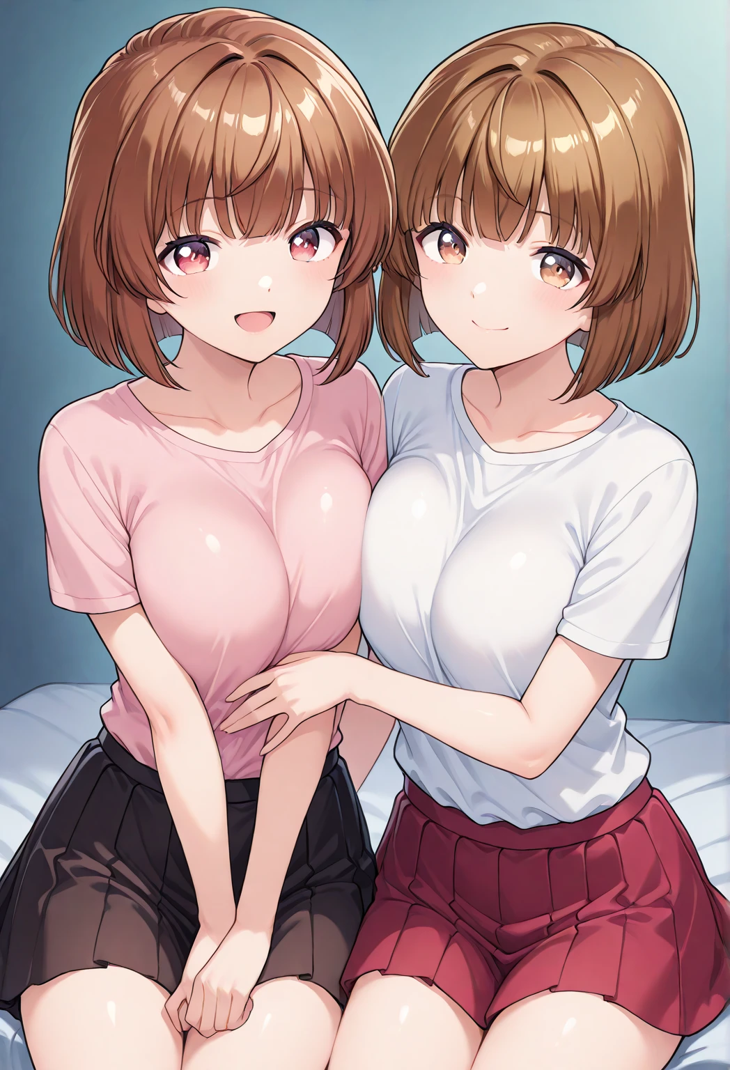 ((Anime Girls))､ ((One boy and one adult woman having sex)), (Spread your legs), (Lift your legs), (Lying on the desk), ((Normal position))､ (Holding hands)､ ((Brown Hair))､ ((Short Bob Hair))､ ((red Eyes))､ ((Completely naked))､ Small breasts､ (smile)､ ((Orgasm Face))､ ((Blushing))､ ((First Person View))､ ((twitch your hips))､ ((Pink vagina))､ (Pink nipples)､ ((cum in pussy))､ high school girl､ sex､ school