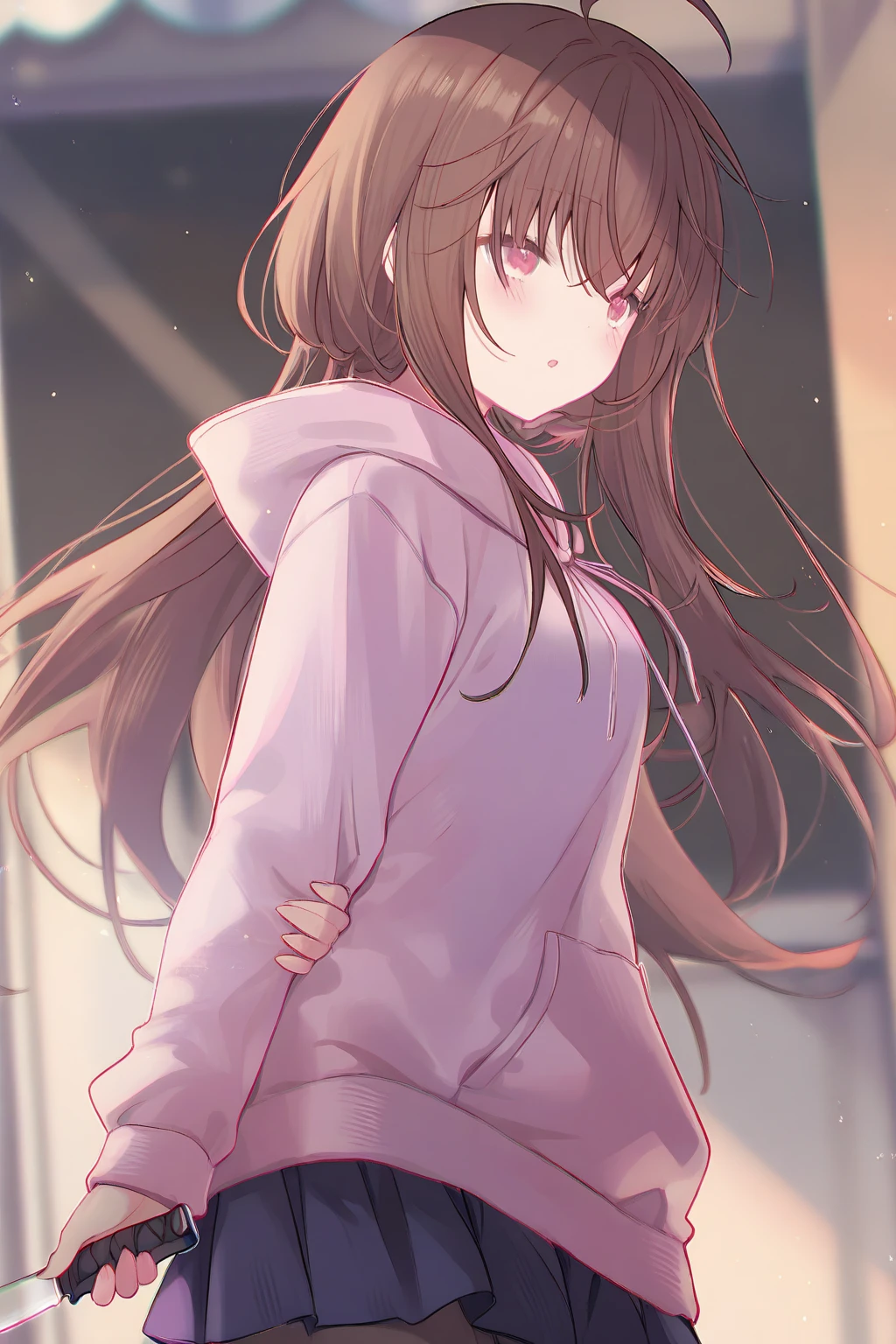 Menina de cabelo roxo, olhos azuis claro, da cintura para cima, usa dois coques no cabelo, saia de cintura alta e curta, babados na blusa, cola na blusa, hands behind her head, orelha de elfo, estilo desenho ou anime