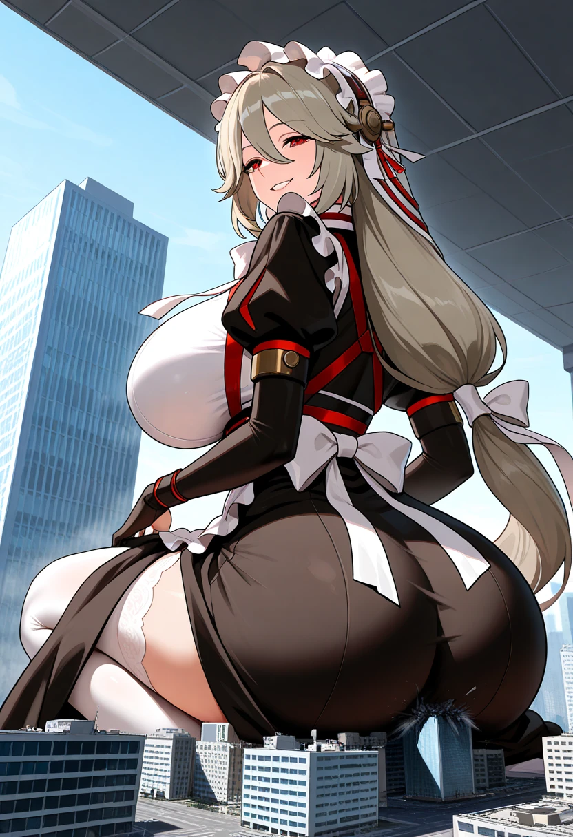 bunny girl, solo, white fantasy Healer's armor, grey eyes, long white hair, bushy ponytail, bushy bangs, full body, standing, full body shot, looking at viewer, shy smile, skindetantion, skindentation on breasts, seductive, huge hips, huge breasts, huge thighs, huge ass, white bunny ears with black tips