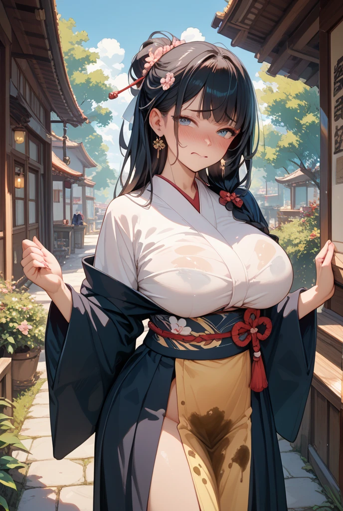 (masterpiece:1.4), (Highest quality:1.3), (high resolution:1.2), Perfect Anatomy, Well-formed face,Accurate depiction,Precise depiction,Beautiful depiction,(Rui々Shishi Body:1.1), (Healthy Body:1.1),(Shiny Hair:1.2), Well-formed face, Glassesをかけた, Glasses, Face, Lewd smile, Large Breasts,Big Breasts, Big Tits, Shaking breasts, Bouncing Breasts, 激しくShaking breasts, 激しくBouncing Breasts, Tight waist,Well-balanced body, Flexible fingers, Composition from the front, breasts slip, Open chest, Nipples visible from the chest, extended downbloues, 着崩したkimono,胸元を開いたkimono, kimono, meiji school girl uniform, hakama skirt, Hakama skirt, Long skirt, Thighs covered by a skirt, long sleeve, wide sleeve, Lace-up boots, (leaning forward:1.3), slouch, hanging breasts, standing, doggy style,Provocative attitude, spread legs, looking at viewer, Daytime, Bright sunshine, Outdoor, shrine, torii, Cobblestone Street, nsfw,