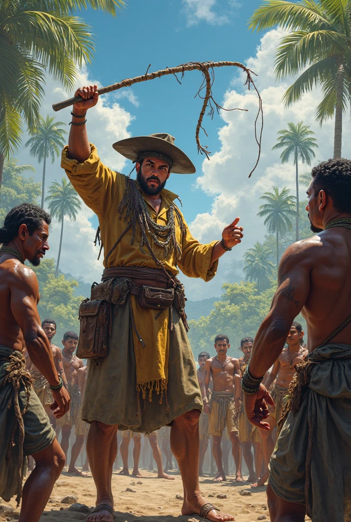 place the white Portuguese women ordering the Brazilian Indians to work and boats behind the landscape indicating that they have just landed and place weapons and whips in the hands of the Portuguese and spades in the hands of the Indians
