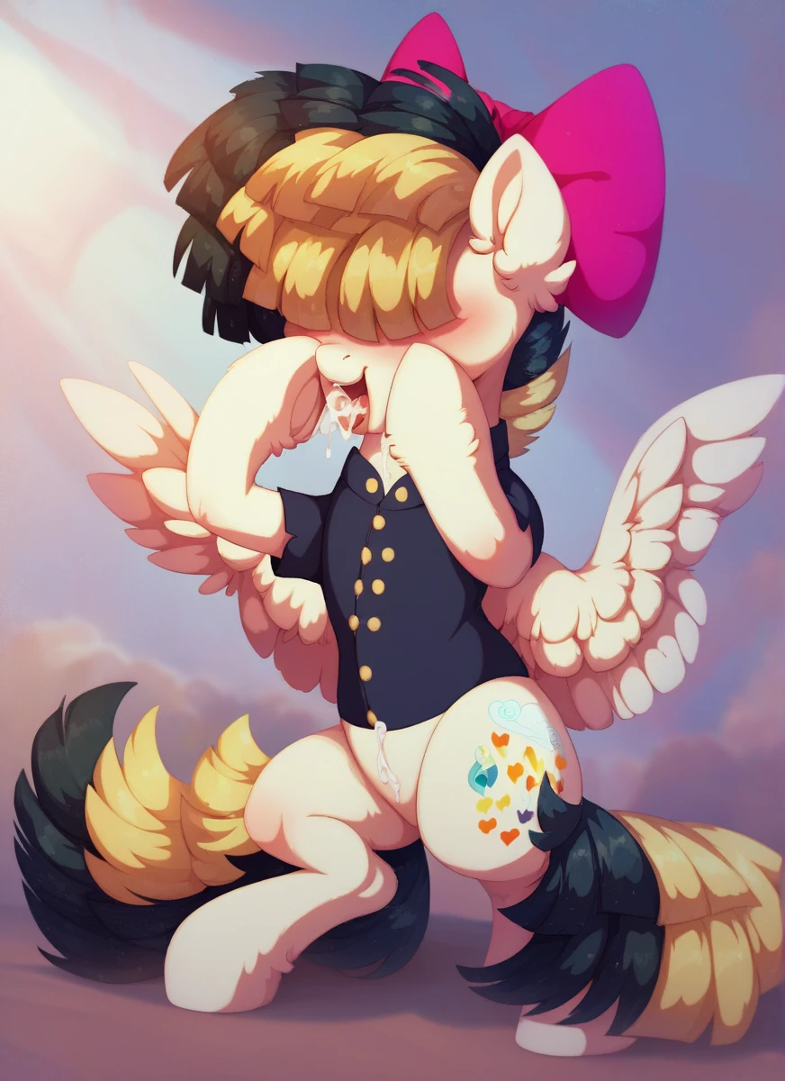 Female pegasus pony, brown fur, red hair, green eyes, green polka dot bandanna in hair on head, white feathers on wings,  large crotchboobs, fishnet stockings, bulge in throat , kneeling, deepthroat blowjob 