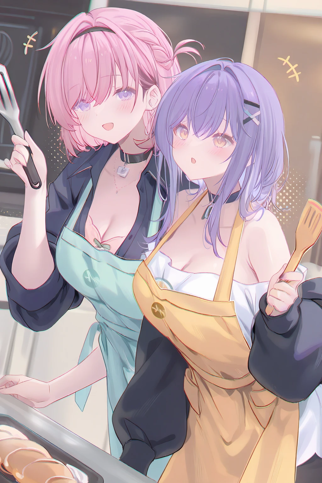 ((2 girls), solo, clevage, Big round perky breasts, lots of clevage, trendy, stylish, clevage, thighs, hips, realistic, pink hair, blonde hair, light green eyes, lip gloss, detailed face, amazing big eyes, eye details, big lips, eyebrow details, blush, naughty, mischevious face, HD, good quality, messy kitchen, sexy, baking chip cookies, chocolate mix on breasts, pink apron, hot, messy flour