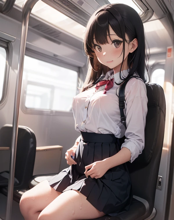 ((((pieces fly, highest quality, highest quality, 1 girl, alone, beautiful anime、detailed images))))、(((17 years old、thin、thin太もも、small chest、dark brown hair、straight、long hair、brown eyes、round eyes、Clear type、))),((((in a crowded train、Blue Sheet、seats parallel to the window)))、(((white shirt、show cleavage、navy blue skirt、Show pink panties、lift up the skirt、)))、、(((Sit in the seat、climax、、embarrassing、naughty smile、Estrus、touch crotch、masturbate、Love juice overflows、)))、NSFW、image from the knees up、