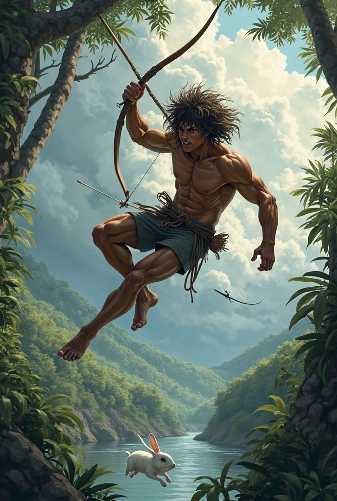 a man jumping from a tree to another tree, no clothing just fur skin for the lower garment, man holding spear while jumping