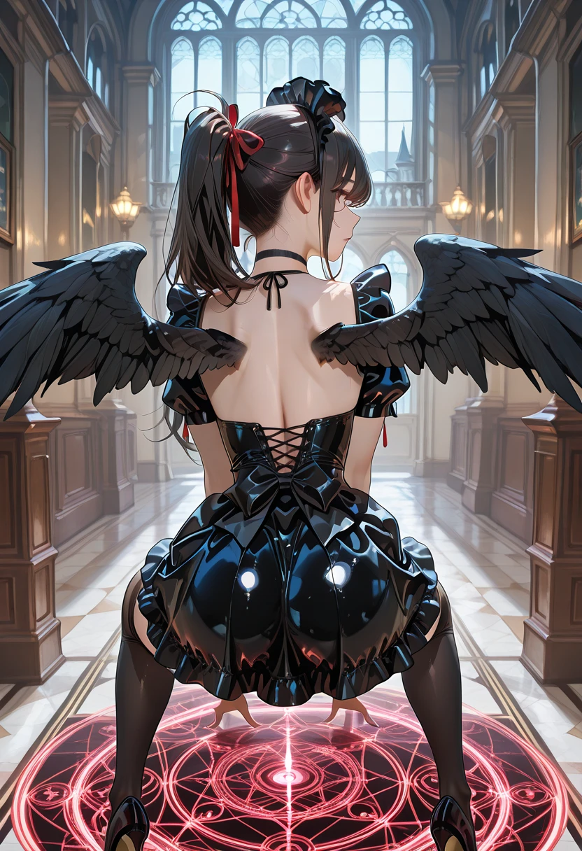 (masterpiece), (top-quality), (top-quality), masterpiece, (High Definition CG Illustration), ((extremely delicate and beautiful)), (Since a while ago), Cinematic Light, Grotesque Machine Girl, super realistic details, portlate, globalillumination, ultra-sharp, Convoluted, ornaments detailed, cold color, metals, highly intricate detail, Realistic light, radiant eyes, neon details, Mechanical limbs, blood vessels connected to tubes, Pipe connected to the crotch, Mechanical vertebrae attached to the back, mechanical cervial attaching to the neck, Wires and cables connecting to the head, Smaller breasts, Small-eyed buttocks, ((lamentation)), ((Angel wings)), Emphasis on mechanical skeleton, (((Emphasis on mechanical interiors))), (Put a little emphasis on mechanical bones) ,teats, No pubic hair, (((realisitic))), Interior of the Church Cathedral at night lit by candles, Tears of blood, Soft breasts and buttocks and face, Collars and ankles, Bondage costumes, a beauty girl