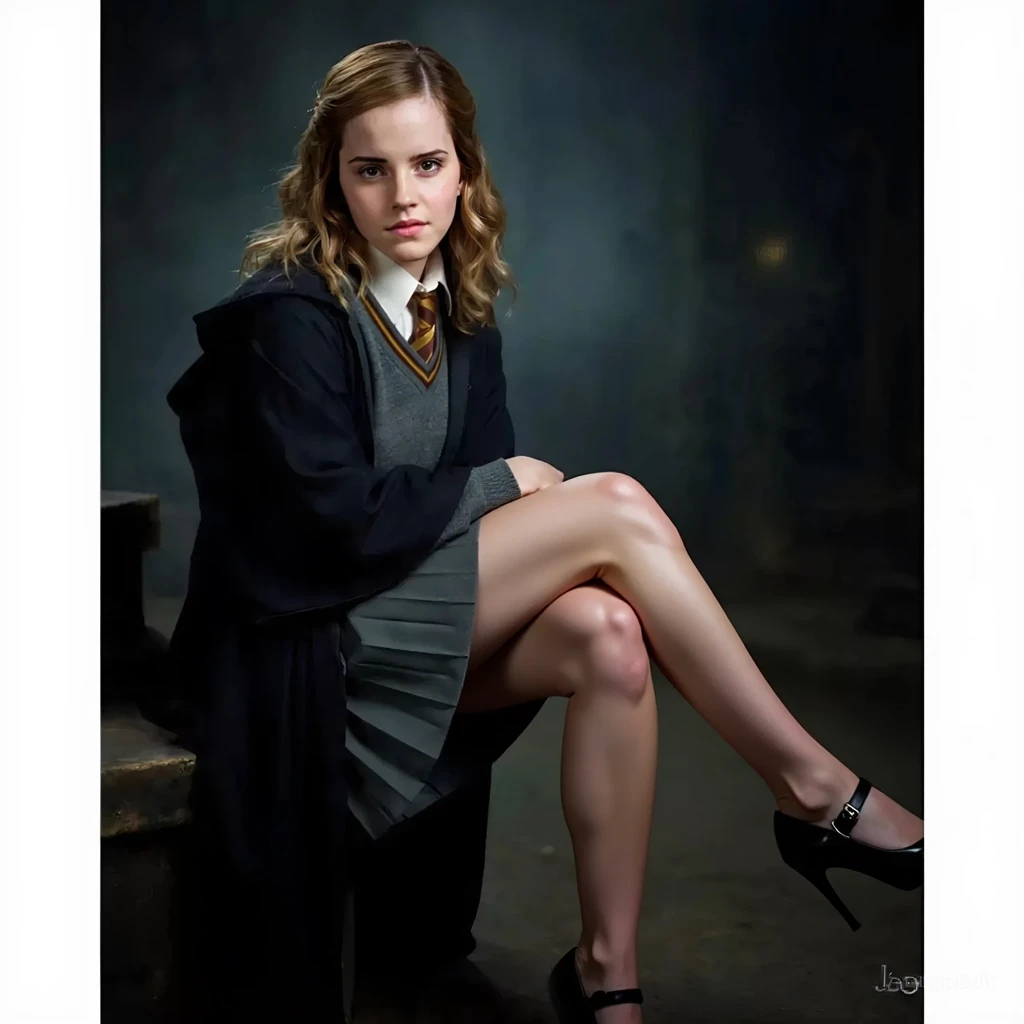 facing the front, Emma Watson as Hermione Granger in her Gryffindor uniform, while sitting in an armchair, hands resting on arms, legs spread open, showing her panties , barefoot