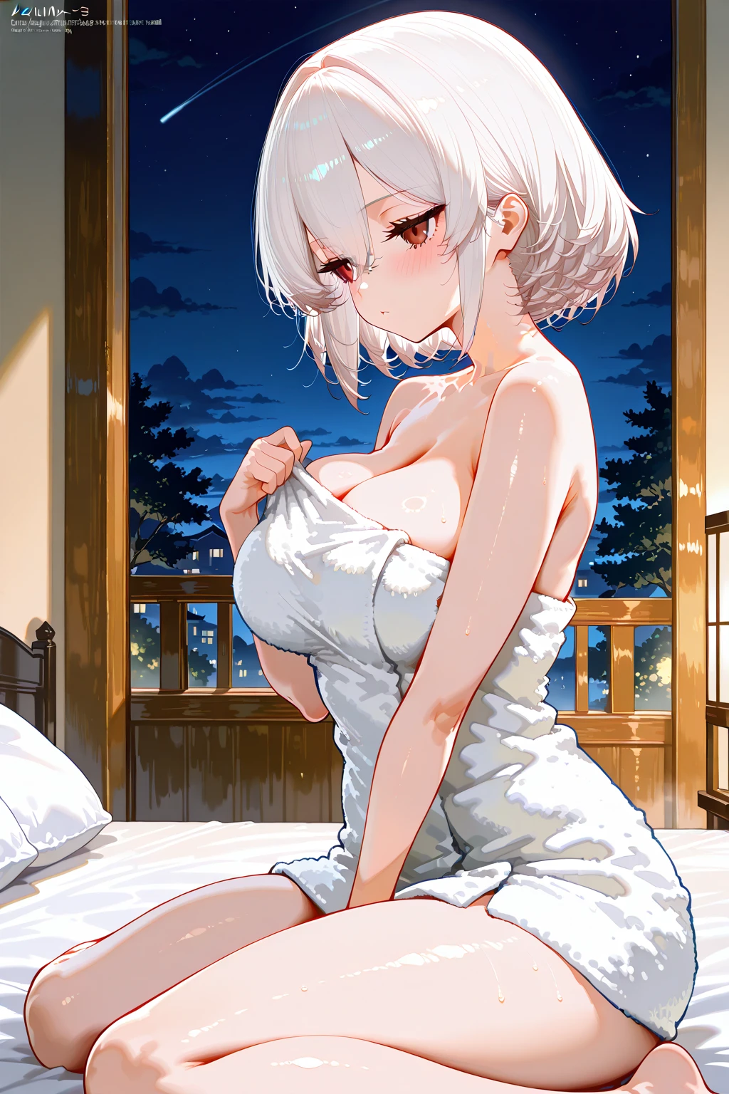 In 8K,Highest quality,The true picture,Intricate details,Ultra-high resolution,Depth Field,Masseter region,Natural soft light,Professional Lighting,One Girl,(cute:1.2),Very beautiful 17 year old girl,fine grain,((Red eyes)),(Gray Hair),(Short-haired),(prohibit),Perfect Skin,Glowing Skin,Snow-white skin,Fine skin,Normal full breasts,((Perfect Anatomy,Nice hands,Perfect hands,Five fingers connected to the palm,Precise needles without discomfort)),完璧なnaked足,Delicate legs,Perfect proportions,sexy,I can see your chest,((naked)),Lurking deep in the city,I can see your crotch,Both legs are bent,Spread your legs in an M shape,Thin thighs when viewed from the front