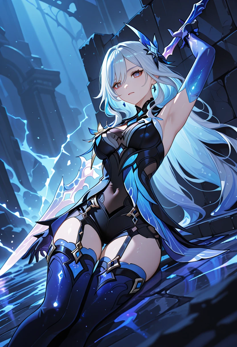 Two twin women while holding blue swords, ice swords, blue, blue aura, two women, twins, twin ice swords.HD lighting and dark )<=(epic image quality)dark atmosphere with bright particle light(many effects in background)