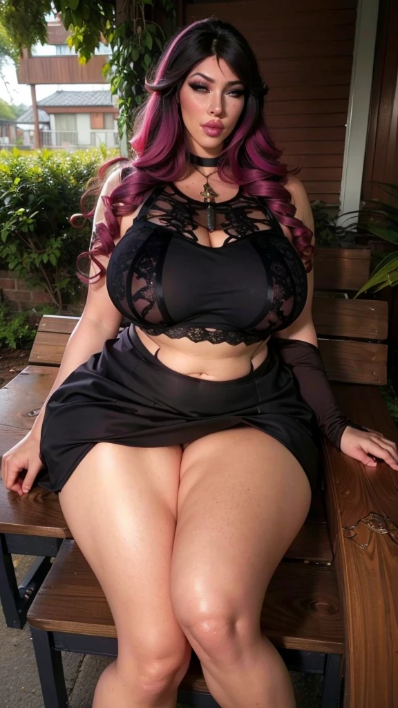 (((striderscribe))),photorealistic, skin ultrarealistic texturiced,ultra high res, intricate, pink freckles,hyperdetailed, pretty face,(skindentation), cute, feminine, detailed body , (detailed face:1.1), (outlined iris), (hidrocor lenses), (perfect eyes), 4k, beautiful, (masterpiece:1.2), (best quality:1.2), (one beautiful woman), wide hips, thick thighs, (large breasts:1.2) and (huge breasts:1.2) , navel showing, high heels, crop top, miniskirt, choker, slutty, seductive pose, perky breasts, thicc, (solo),perky breasts, thicc, (solo),(((big big oppai))), sexy miniskirt lace,sexy bra lace black,sexy black lingerie lace,white sexy heels,(((sitting on a bench))),sexy white stokings,hair red strong color,