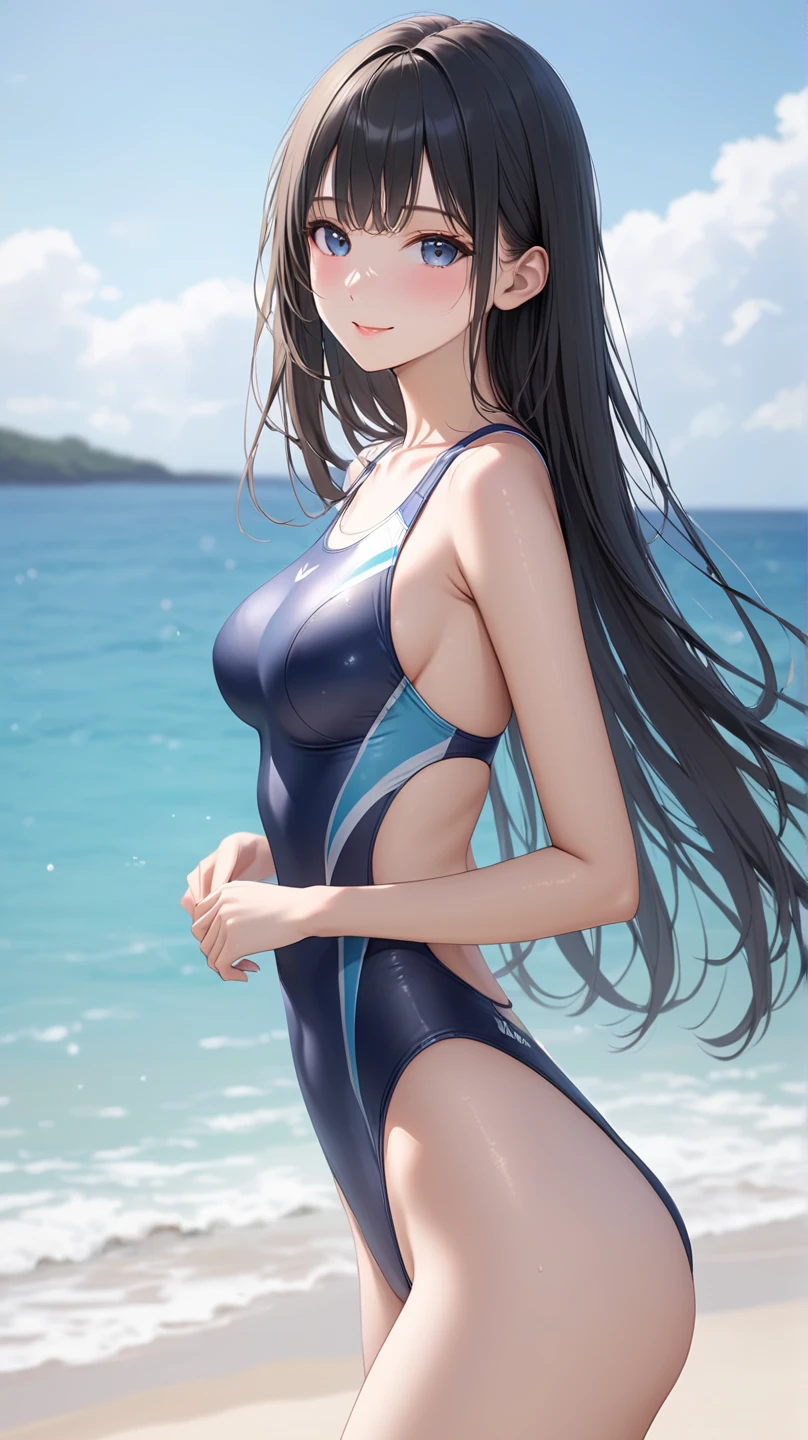 ((masterpiece、4K、8K、highest quality: 1.perfect fingers: 1.perfect anatomy: 1.3、background blur))、((ultra precision))、(12 years old、slender、lolita、super beautiful girl、straight long hair:1.6)、(Light blue and black Chinese one-piece swimsuit、barefoot:1.5)、、(Close one eye and smile:1.4)、(Are standing、wide shot、full body:1.5)、(blue sky、white sand beach:1.4)、