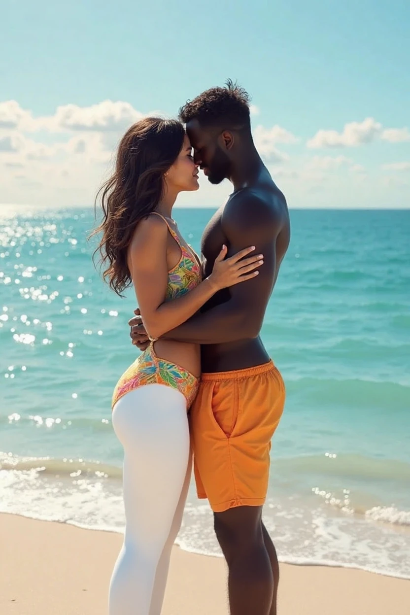 Hyper-maximalism, Full body of Couple lovers an African dark man is wearing a urban beach clothes smirking and stand in the sea, beautiful Thai of Chinese descent small woman, very white skin body is wearing a skin outfit, Tumblr, Sumatran religion, sexy lady and wearing sandals. She is hugging, kiss her headband. They are standing in the sea of a rainy, bottom half of the lovers were in the sea, slight imperfections, vray, effect wet, and image colour and high quality.