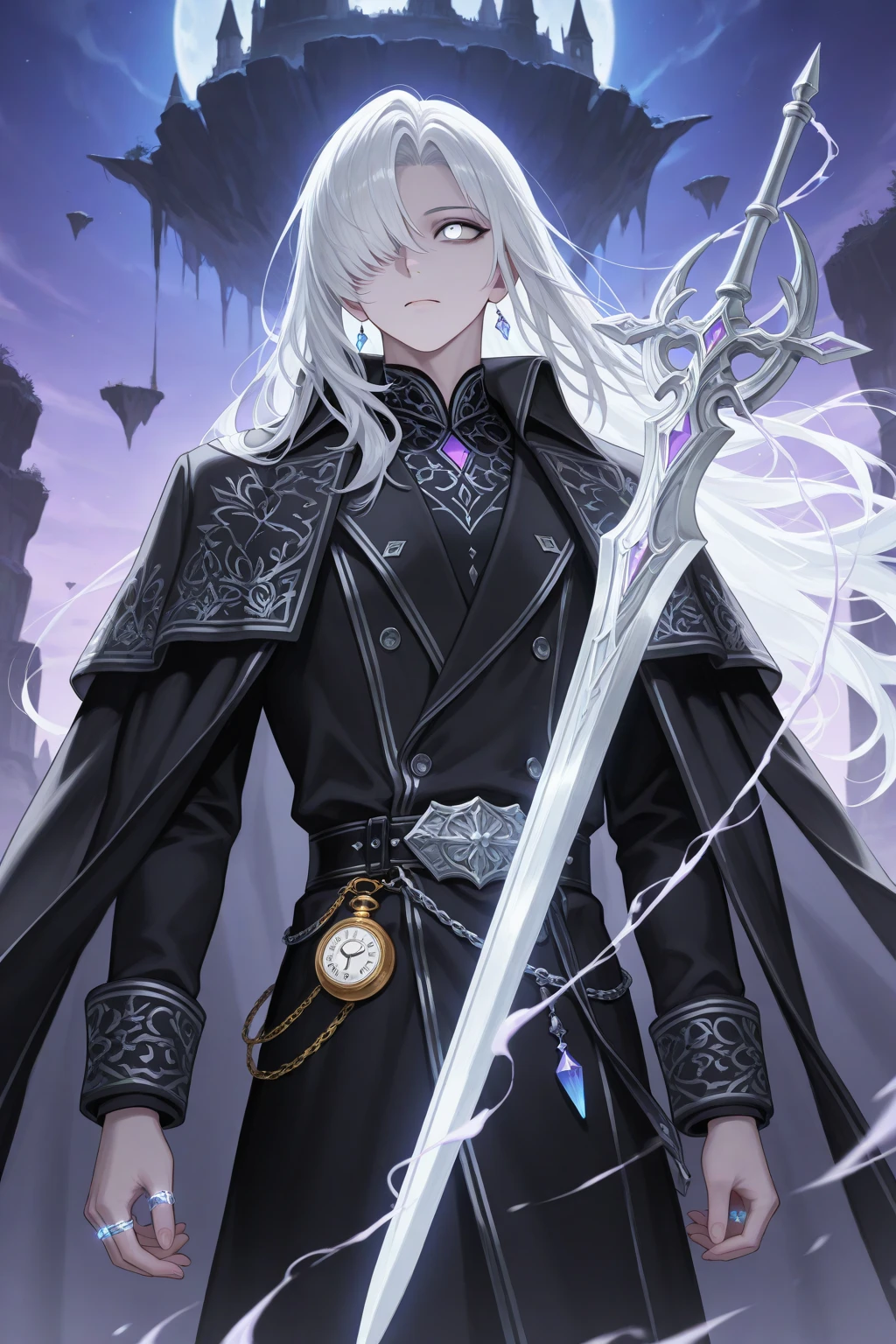 male, messy silver long length hair with bangs, purple eyes, adult face, adult, white hood and shroud, bare torso with pauldron armor, thin lean and handsome, fantasy, sorcerer, see the whole body