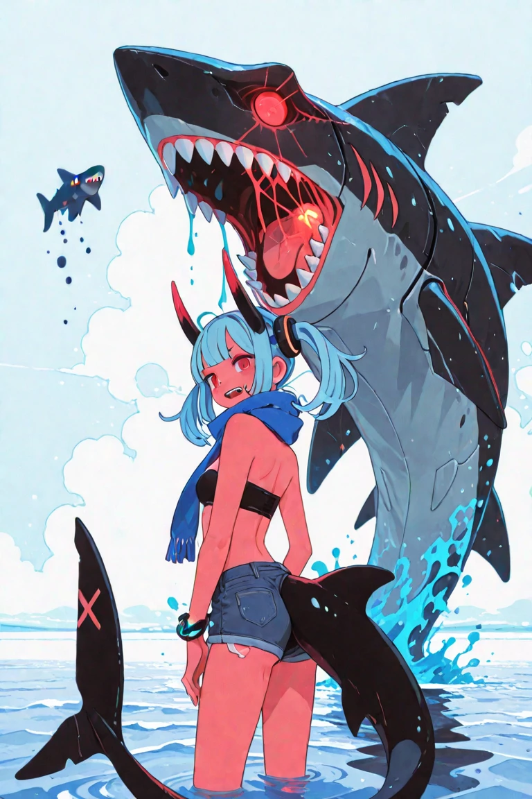 A future Earth where all land has been submerged,Sea.High resolution, Anime Style, A girl armed with a gun and a combat bikini.Seaで戦闘中, 女の子は未来のSeaで発射できる銃を持っている, A smile aiming at the prey,Giant shark,背景にSeaの中に完全に水没したビル群