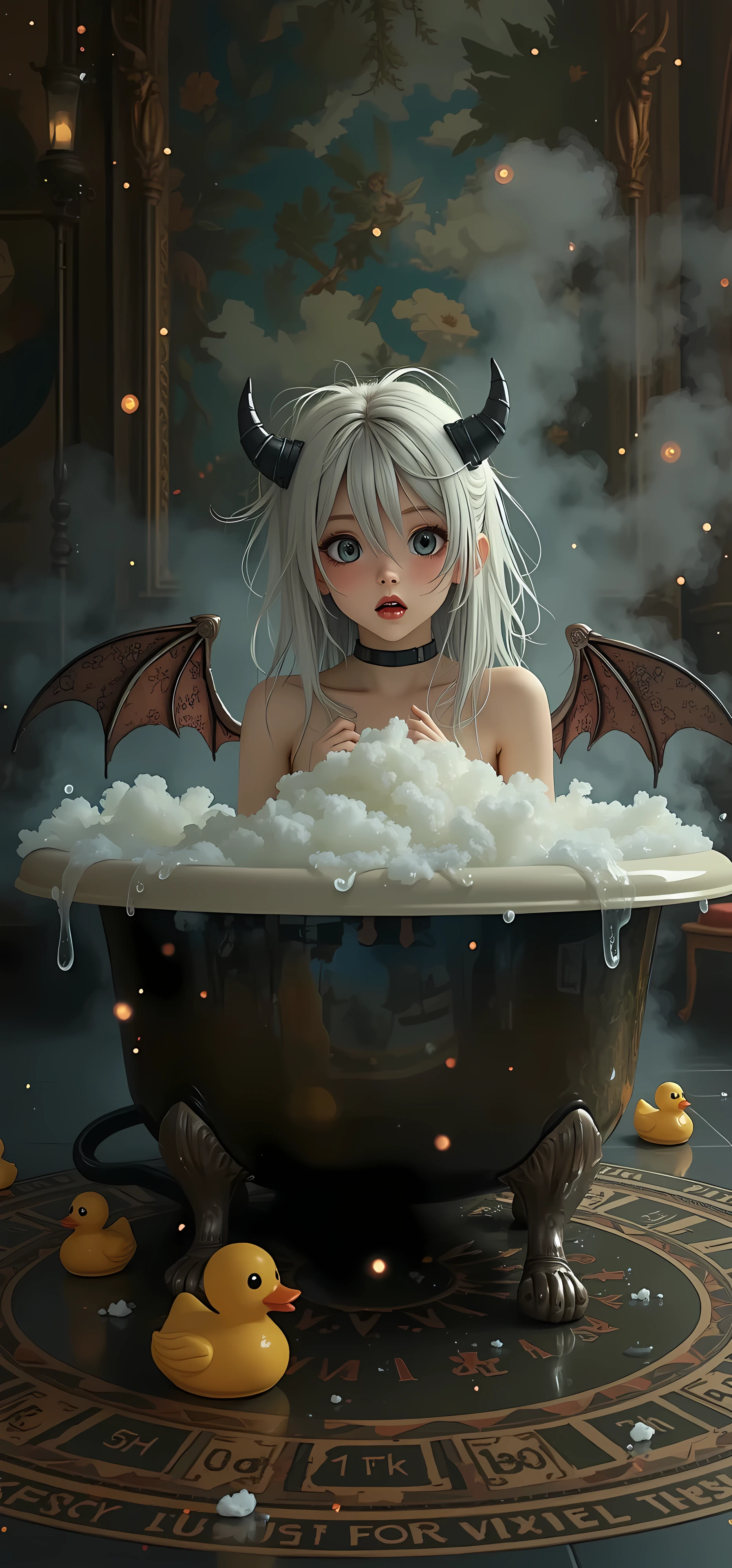 Cute,748cmstyle,Dynamic lighting,HDR,(masterpiece:1.2), (top quality), (beautiful detailed eyes:1.2), ((1 beautiful girl)), (beautiful background:1.2), (highly detailed CG), (ultra detailed), (very detailed and beautiful:1.1), (perfect details:1.1), (stunning illustration), 1girl, solo, cute girl, teenage girl, devil girl, small horns, subtle demon wings, pointed tail, medium breasts, bathing in bathtub, covered by bubbles, hands covering chest, shoulders visible, face visible, cat-foot bathtub, rubber duck in water, glowing magic circle on floor, intricate summoning circle, vast mysterious room, high ceiling, stone pillars, ancient tapestries, floating magical particles, glowing runes in air, ethereal glow, dim light, dusty atmosphere, very surprised, flushed face, blushing, wide eyes, mouth slightly open, looking at viewer, steam, silver hair, long wet hair, messy hair
